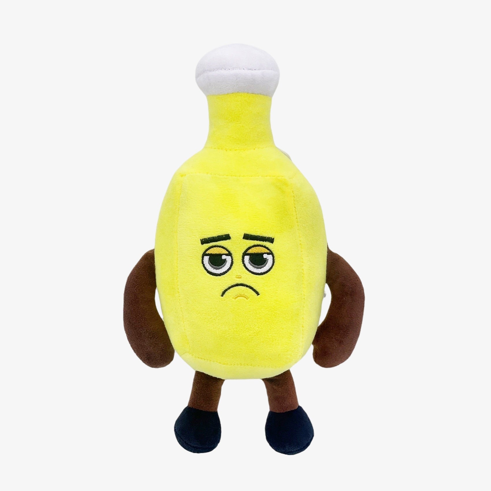 The Steal a Brainrot Inspired Yellow Bottle Character Plush Toy is an 11.8-inch collectible doll with brown arms, black feet, and a sad embroidered face—a must-have for plush or cartoon figure fans.