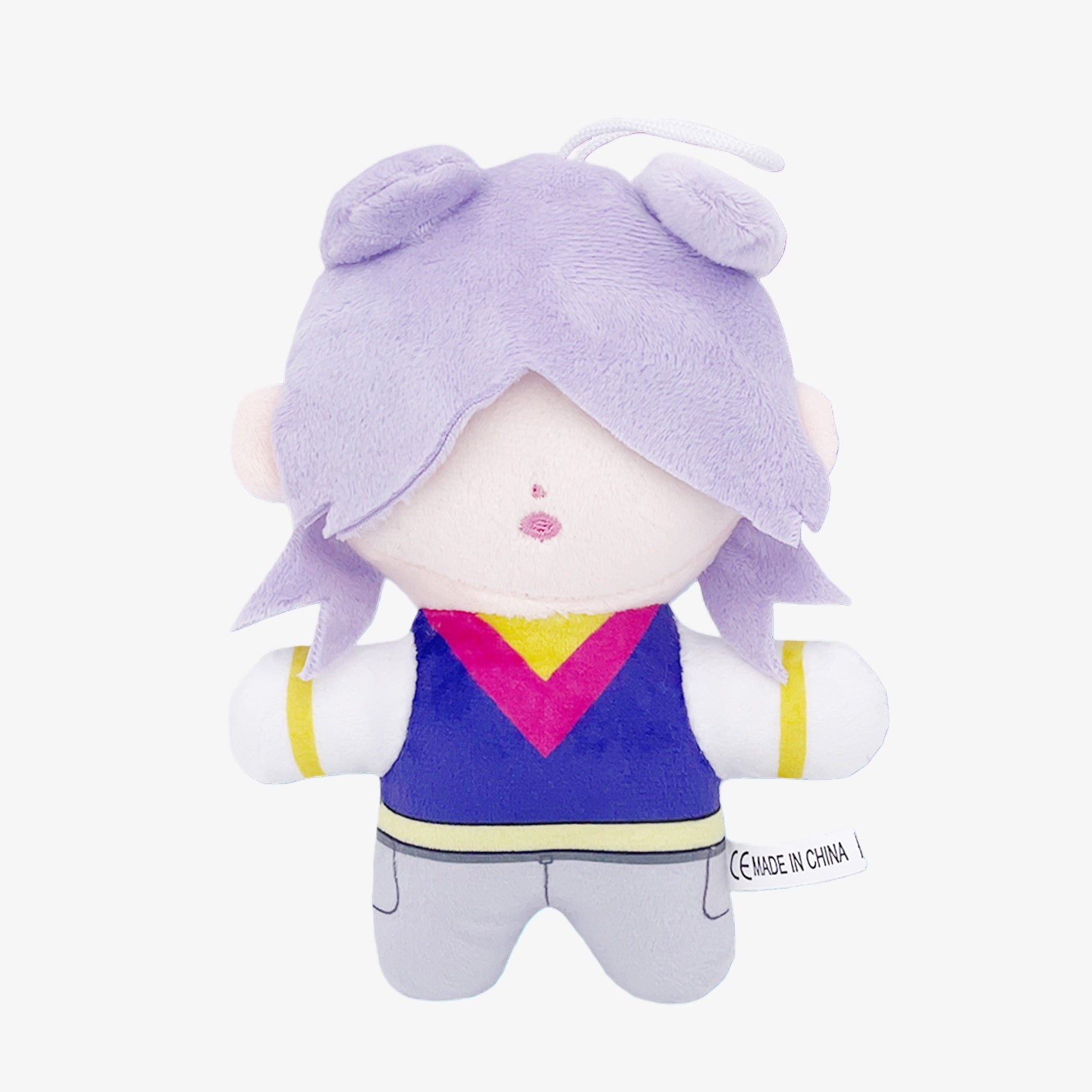 The Demon Hunters Anime Plush Doll is a 7-inch soft stuffed toy featuring a female character with purple hair, a blue outfit with yellow and pink accents, and a hanging loop. Made by Demon Hunters, it has a "Made in China" tag on its left arm.