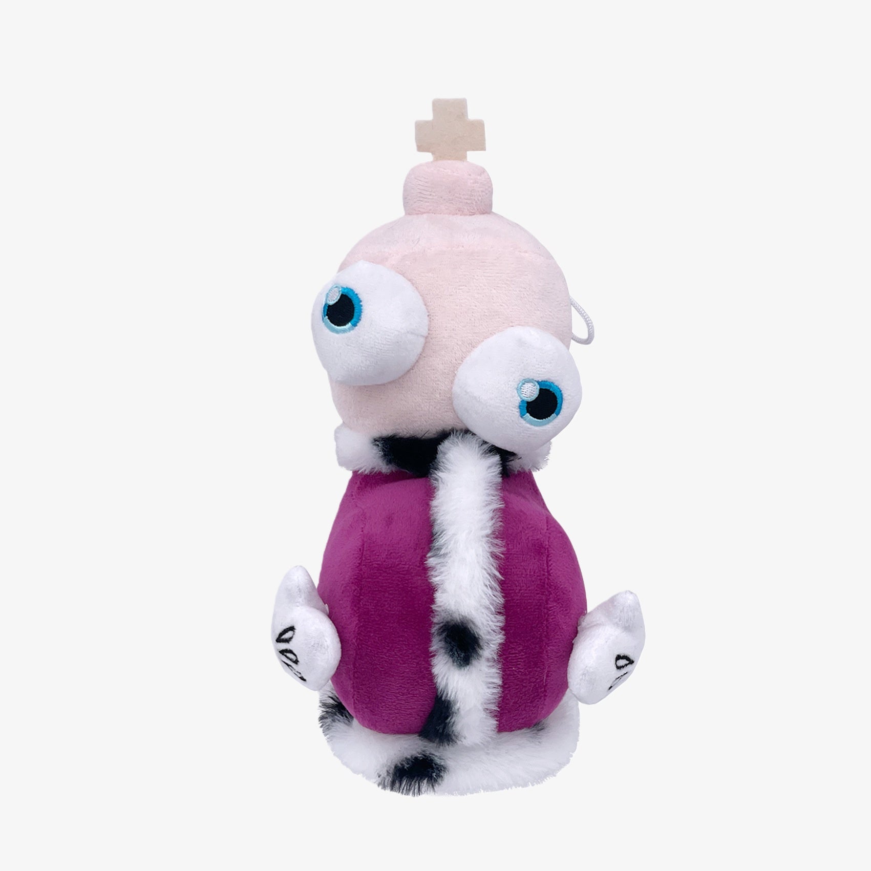 The Amazing Digital Circus Inspired Plush Toy is a 9-inch, big-eyed cartoon character doll in purple and pink, featuring a large head, seated upright with royal-style details and a red robe with white and black trim.