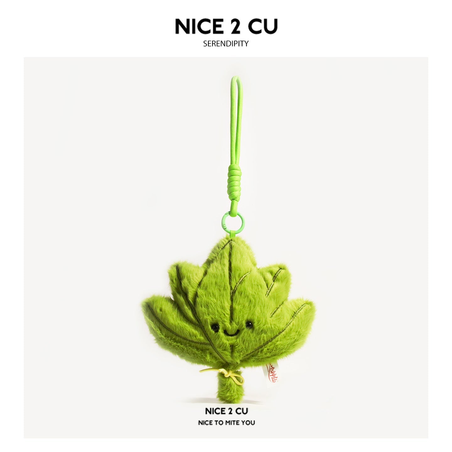 NICE 2 CU large single smiling leaf plush charm with embroidered vein details and loop strap