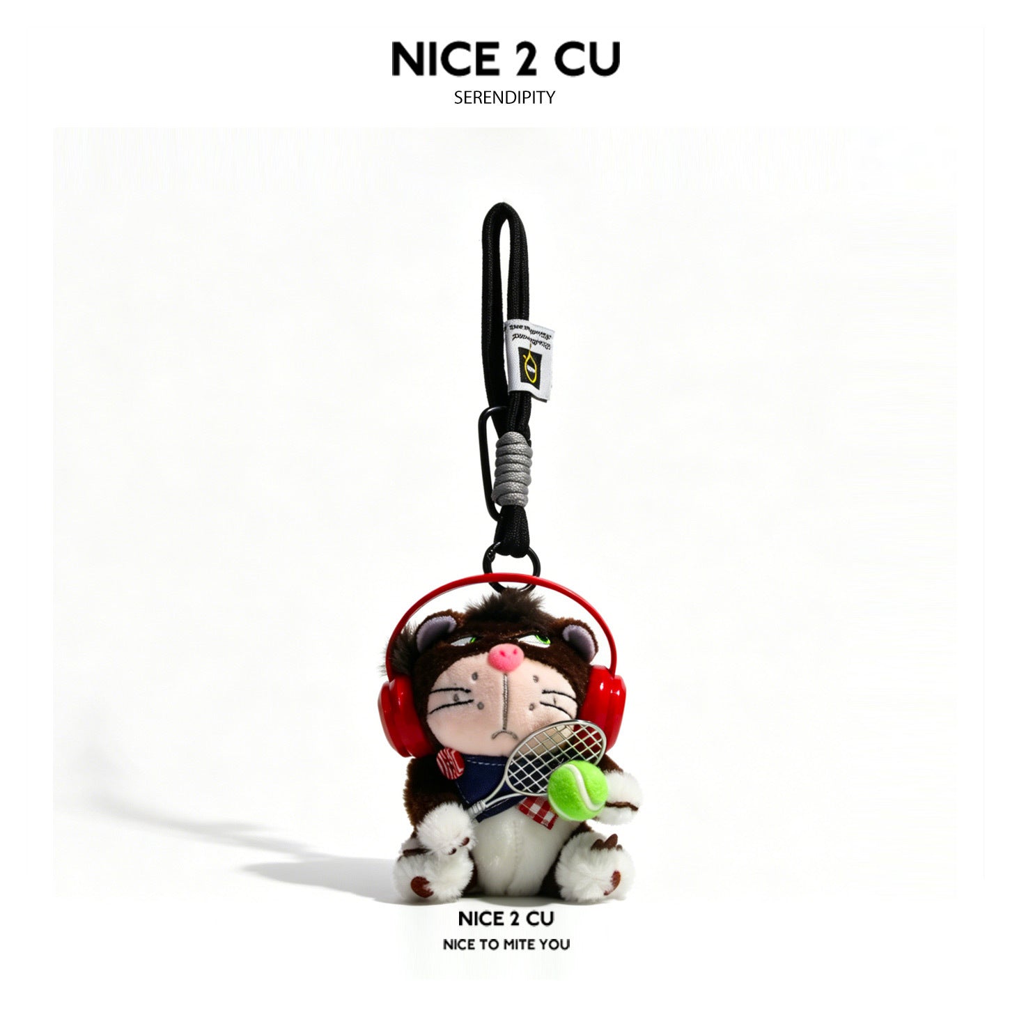 Brown cat plush keychain wearing red headphones and holding a badminton-style racket with a green prop