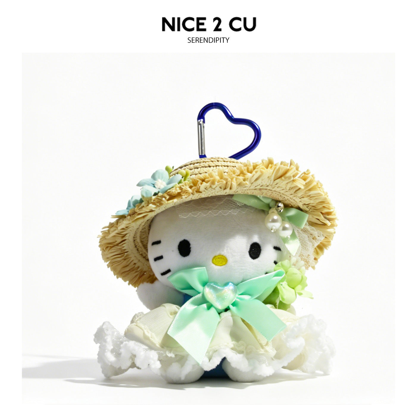 Kawaii cat plush charm in mint-green outfit with straw hat, lace, ribbons, and floral details
