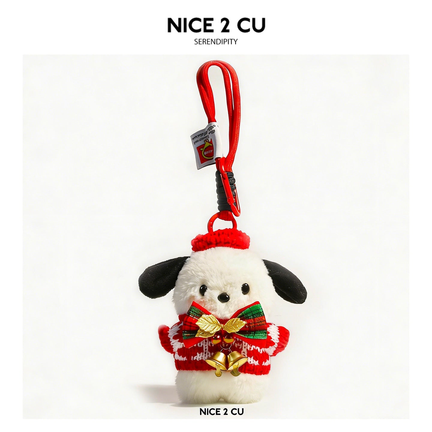White dog plush charm in red festive sweater with decorative bow and dangling gold jingle bells