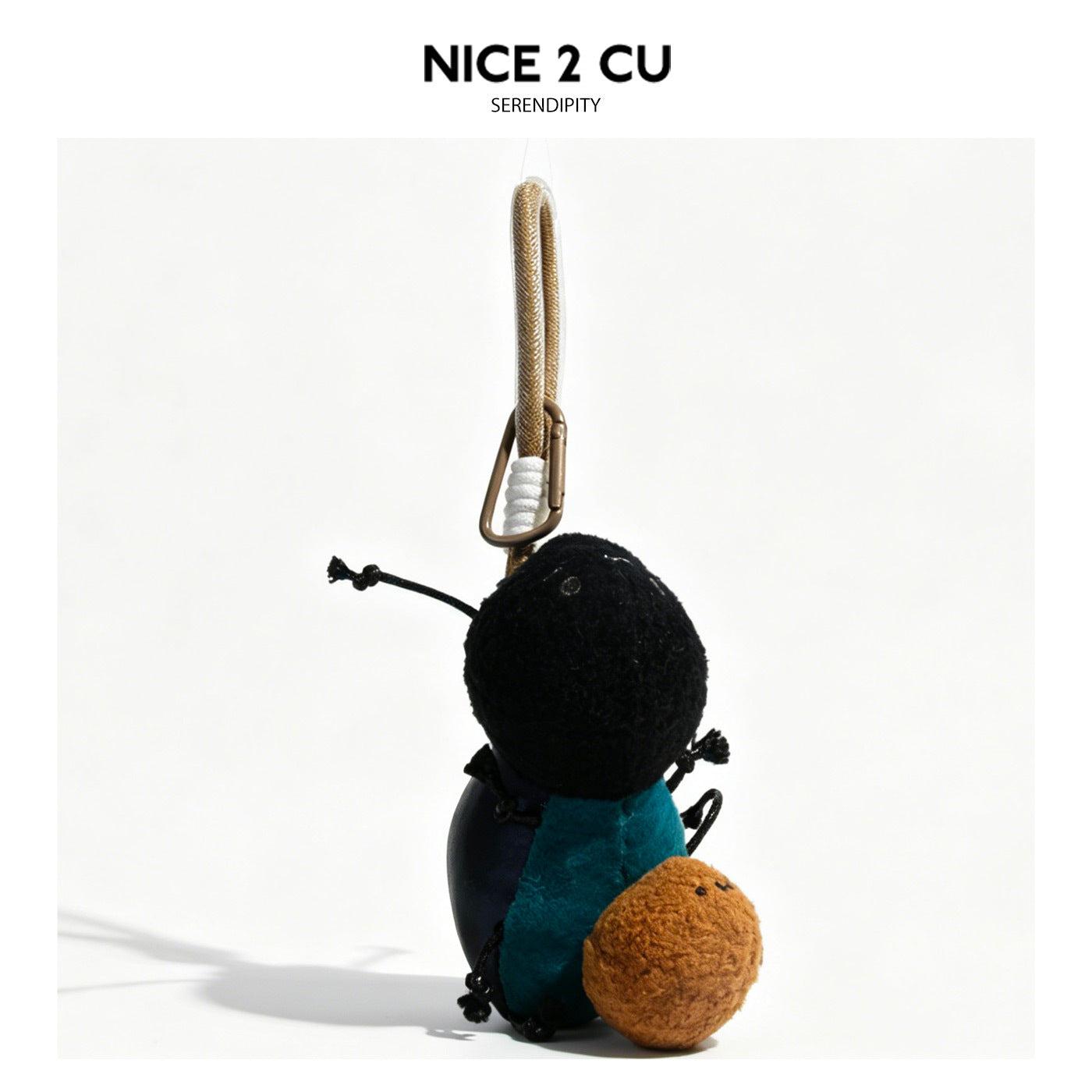 Black and teal dung beetle plush keychain with rounded brown rear ball and tan hanging loop
