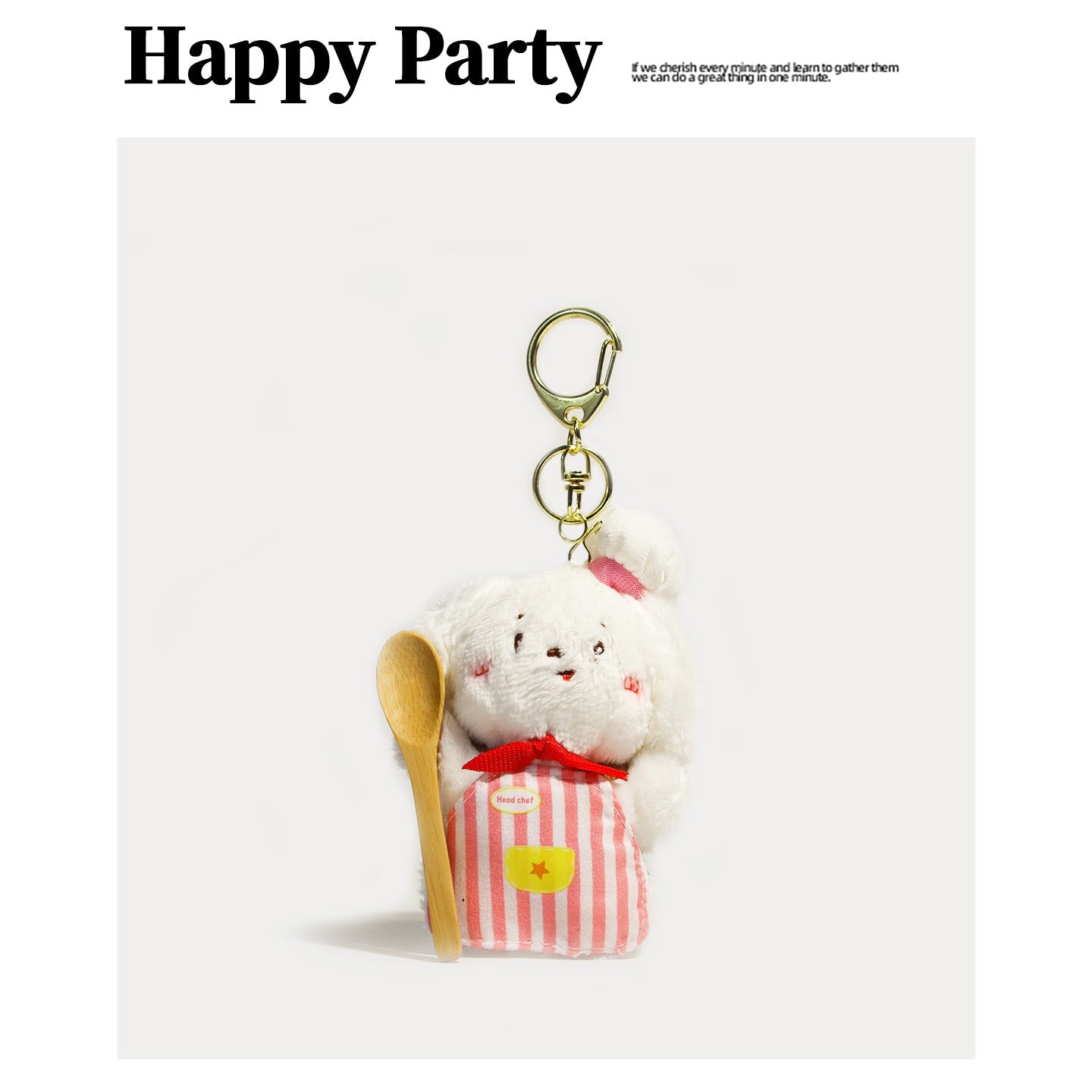 Plush rabbit keychain charm in a pink and white striped chef apron, red bow, white chef hat, and wooden spoon with gold clasp