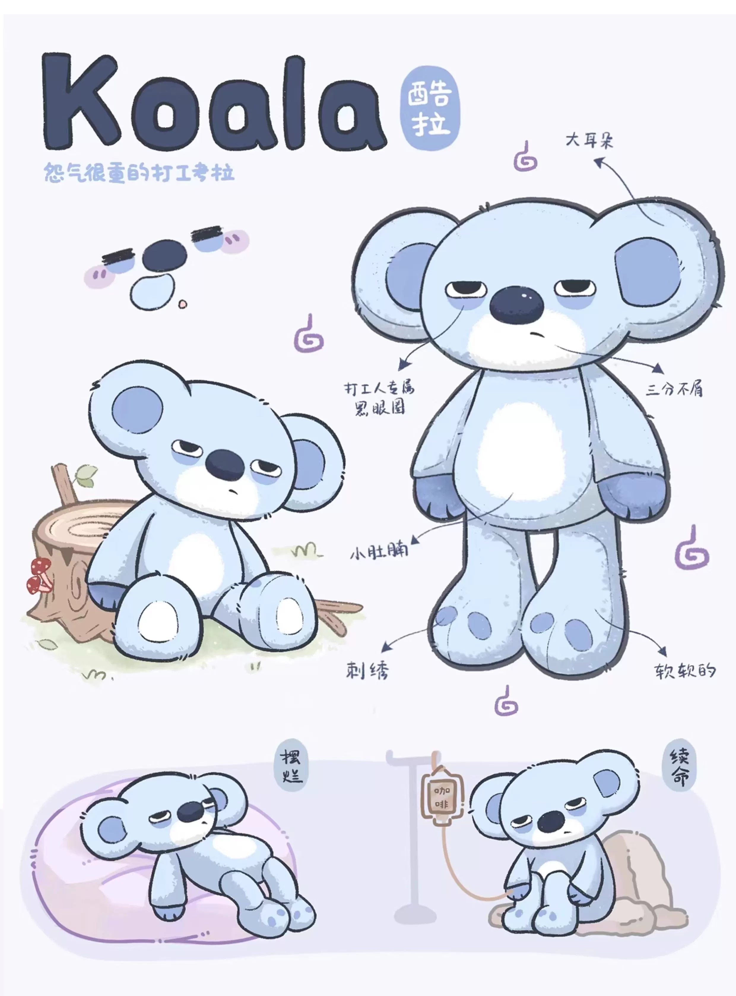 Cartoon art of a blue-grey koala with big ears and a fluffy belly, inspired by ZEIO's Koala Plush Toy 38cm—Soft Large Stuffed Koala with Relaxed Expression, perfect for nursery décor or as your next cuddle companion.