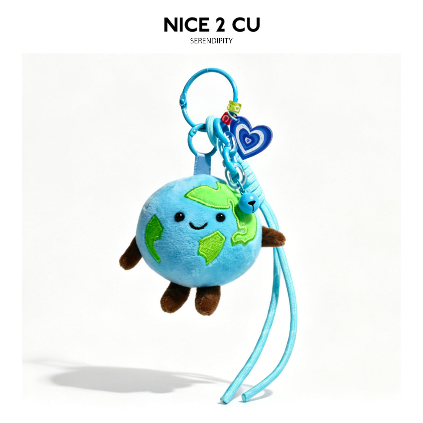 Light blue Earth globe plush charm with green continent patches and blue heart-themed top decoration