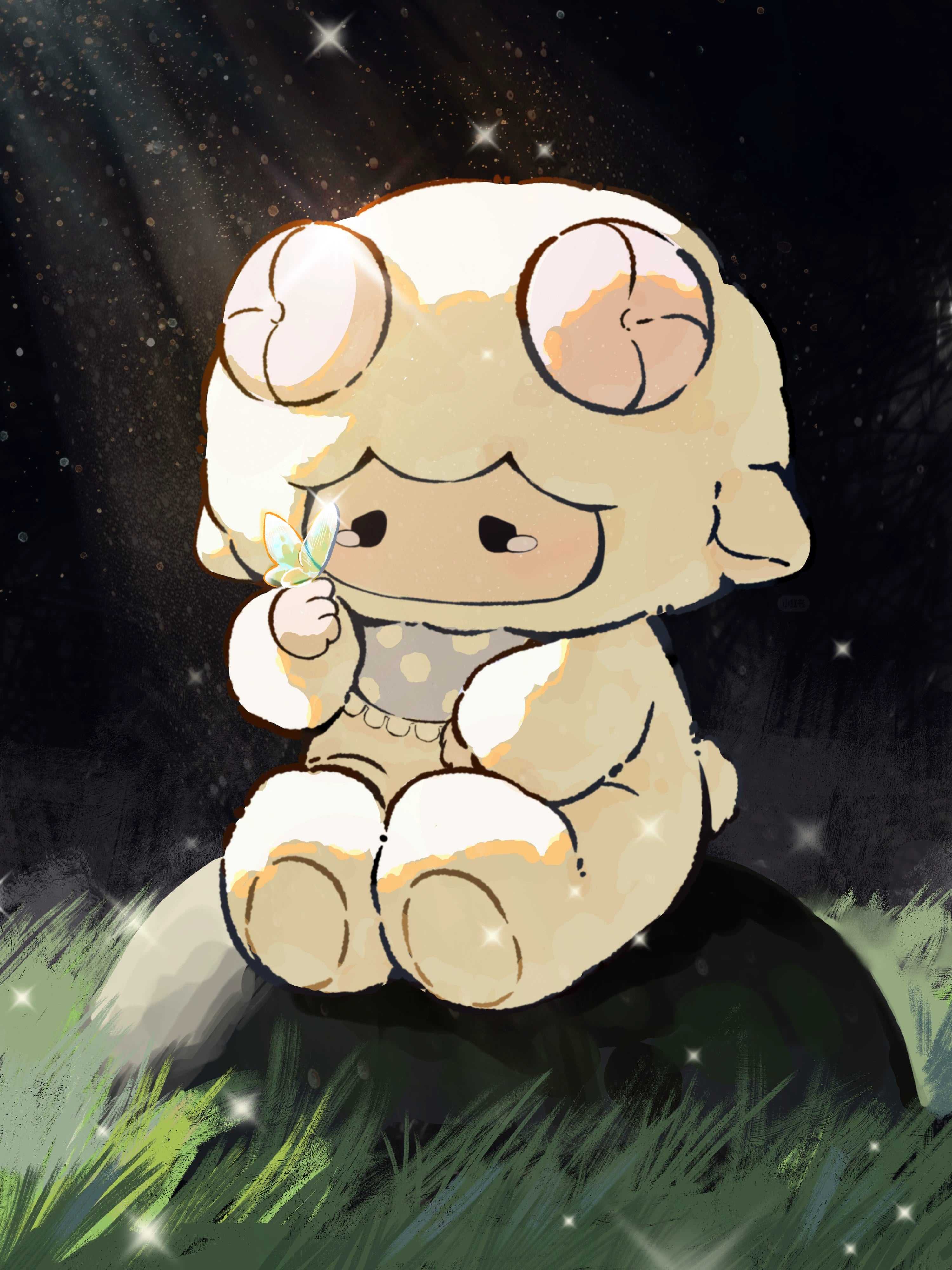 The ZEIO Mini Lamb Plush Toy (18cm) is a soft sheep doll with an elegant dress and hat, sitting on a rock in the grass at night, holding a glowing butterfly under starry skies.