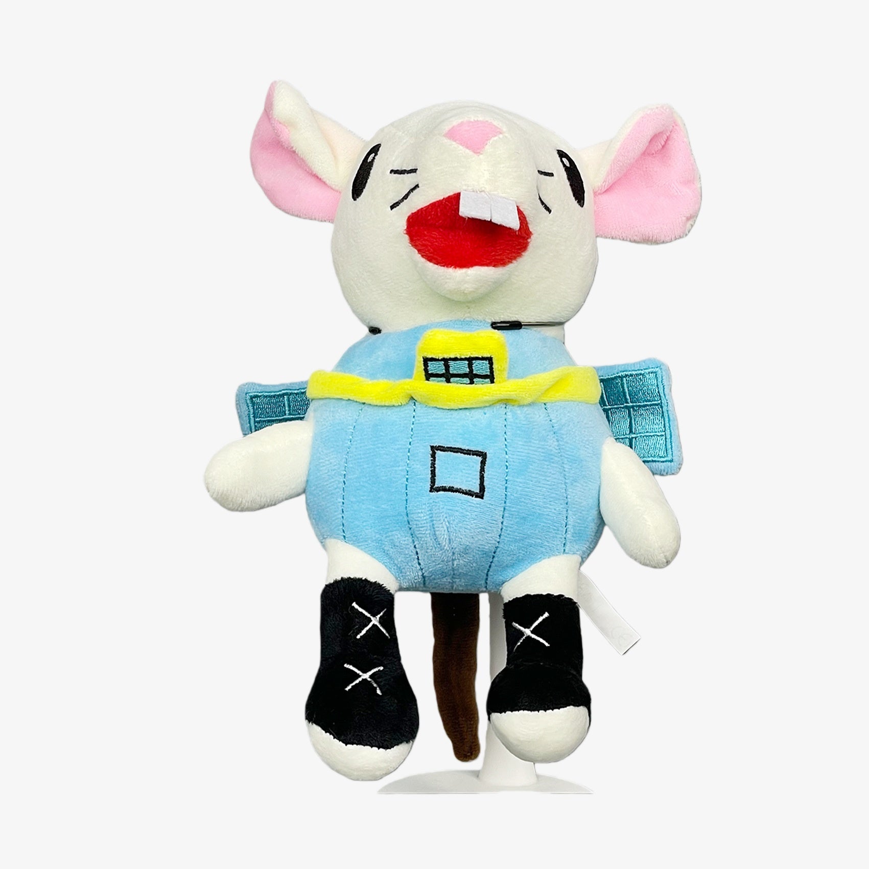 The Steal a Brainrot Inspired Astronaut Mouse Plush Toy is a 9.1-inch collectible featuring a white mouse in a blue space suit with yellow belt and black boots, detailed with a backpack, posed against a plain white background.