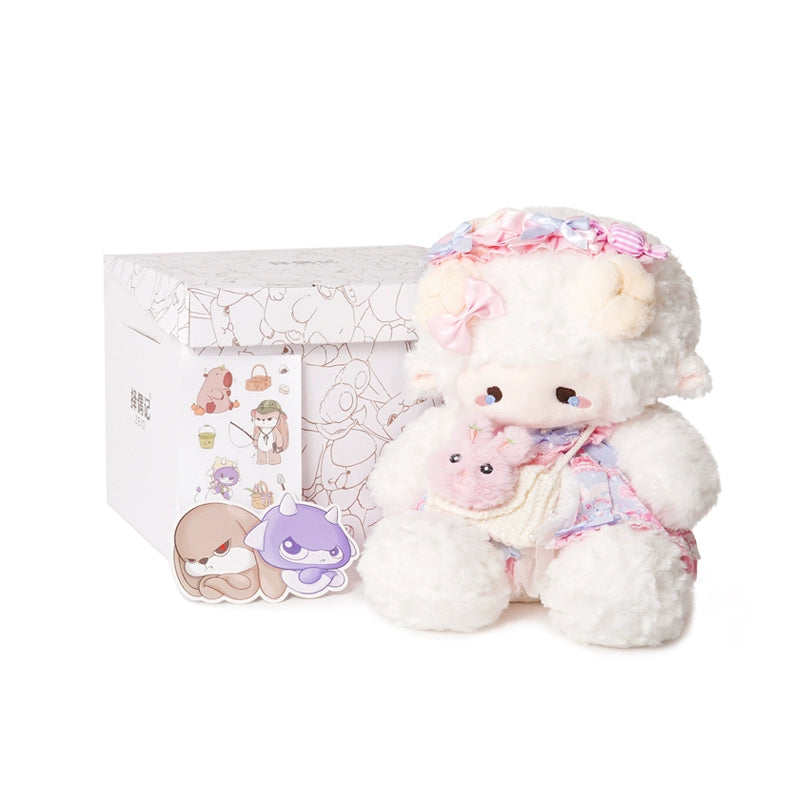 The ZEIO Fashion Sheep Plush Toy (29cm) features a cute lamb doll in a floral dress, complete with character stickers, illustrated cards, and a decorative box—an adorable collectible set perfect for display.
