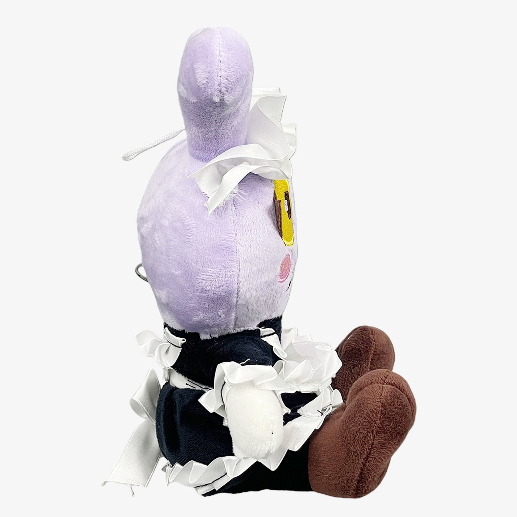 The Amazing Digital Circus Purple Bunny Maid Plush Toy, a 9-inch stuffed doll with purple fur, big yellow eyes, brown feet, and a black and white maid outfit, is shown seated against a plain white background.