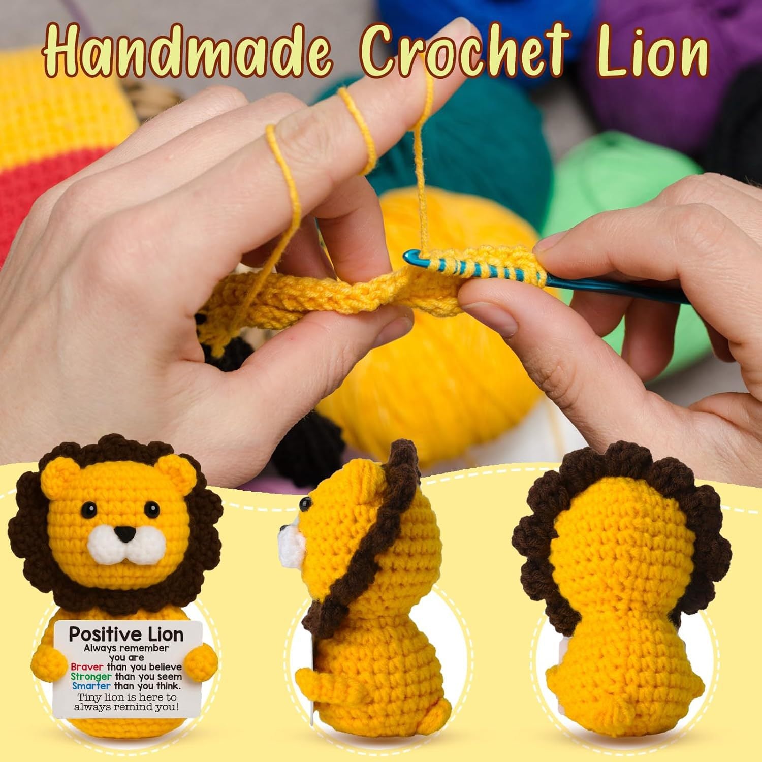 Two hands crochet yellow yarn with a hook; below are front and side views of ZoDoll's Positive Lion Crochet Amigurumi—an inspirational plush toy with a brown mane and uplifting note. Yarn balls in the background make it a perfect encouragement gift.