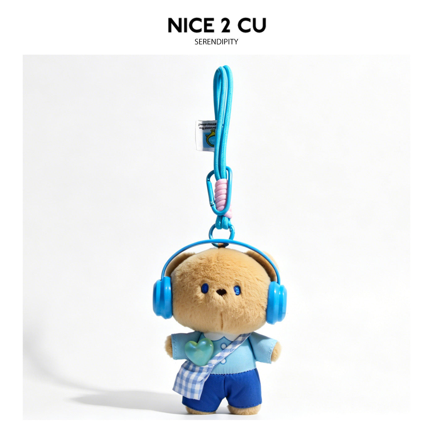 Plush brown bear charm wearing blue headphones, light blue shirt, dark blue bottoms, and plaid chest strap with light blue lo