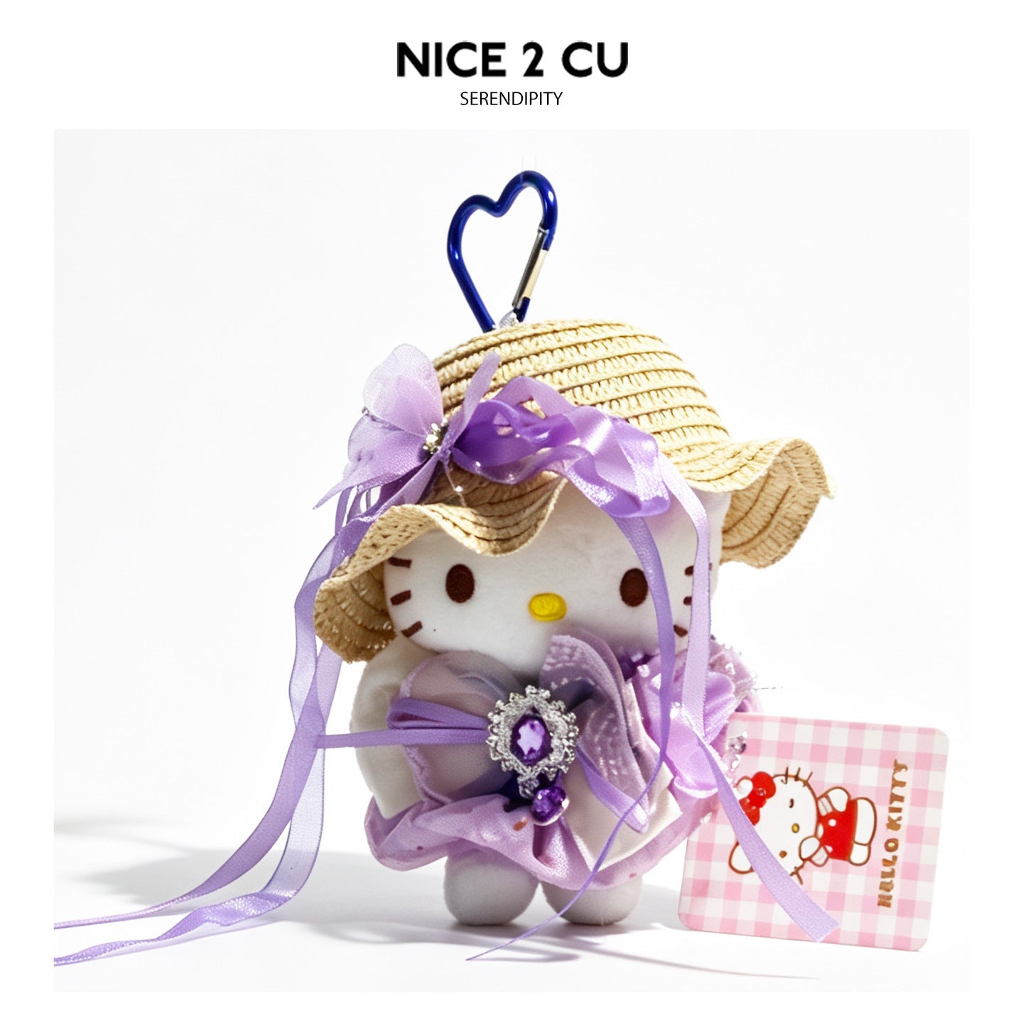 Plush cat figure in purple ribbon veil and straw hat with blue heart carabiner clip