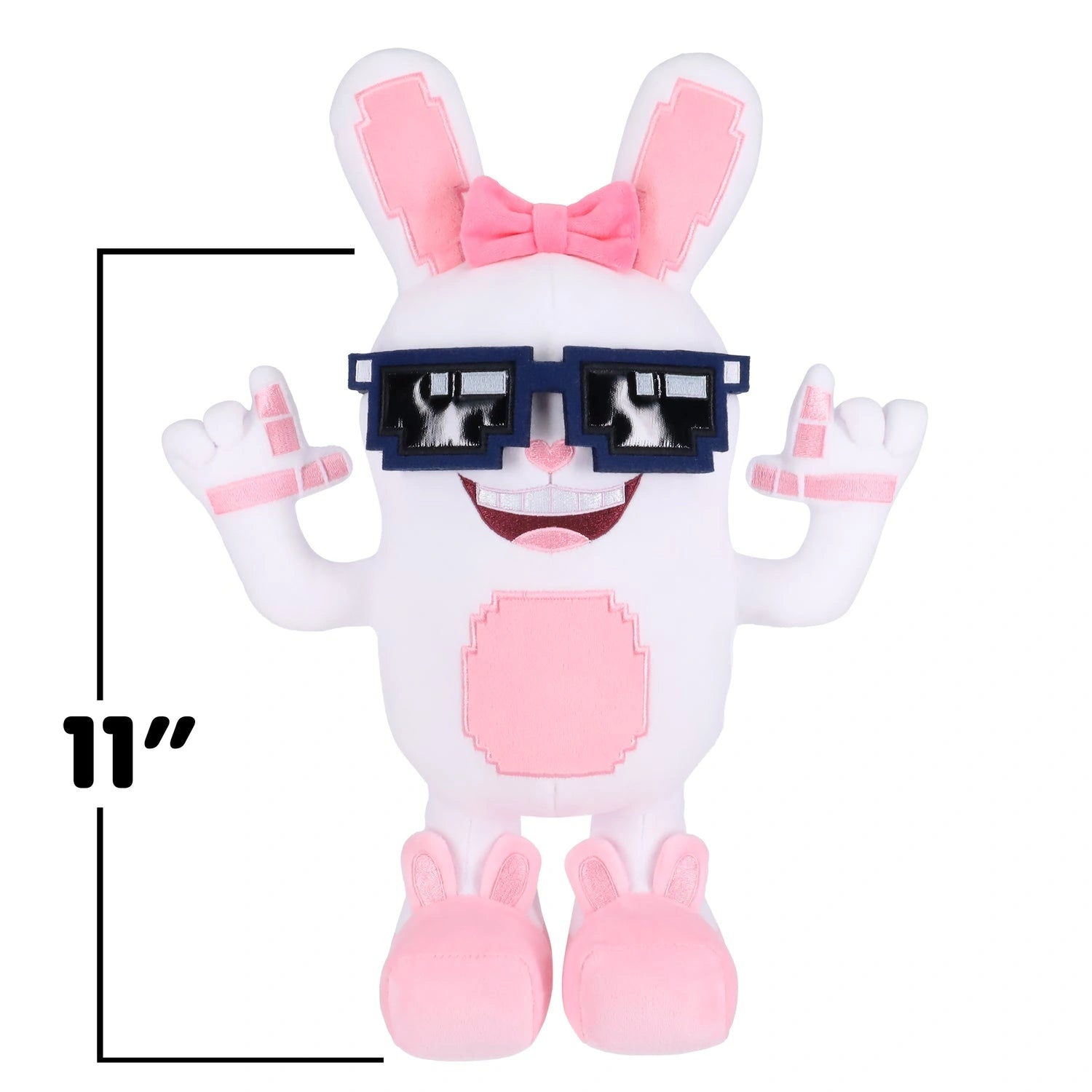 The Steal a Brainrot Boppin Bunny Plush is an 11-inch, premium soft posable bunny with white and pink fur, a pink bow, shoes, and removable pixelated sunglasses.