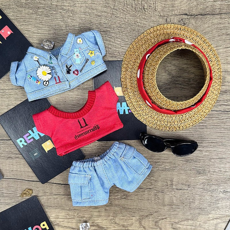 The ZoDoll Labubu Cool Street Denim Jacket Outfit Set includes a patch-adorned jacket, red t-shirt, denim shorts, straw hat with red band, and black sunglasses—ideal for trendy kids who love standout streetwear style.