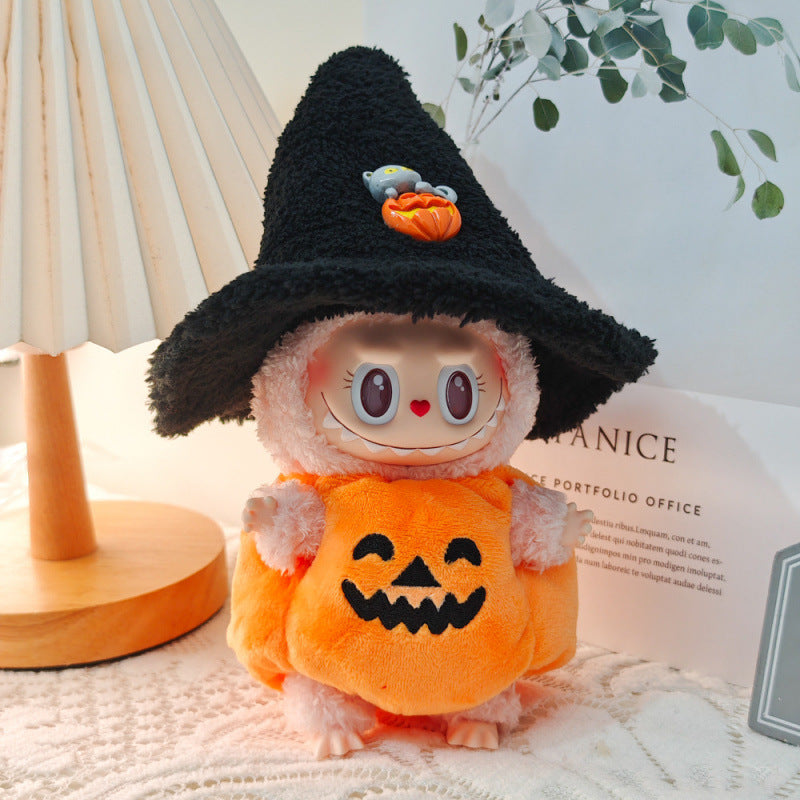 The ZoDoll Labubu Halloween Pumpkin Plush Costume Set with Witch Hat, featuring playful cat and pumpkin details, adds a festive touch to your décor—perfect for displaying your Pop Mart Labubu accessories this Halloween season.