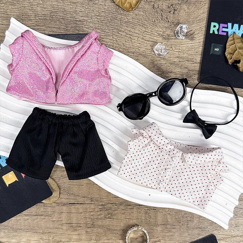 Style your Pop Mart Labubu plush with the ZoDoll Labubu Doll Pink Sequin Blazer Tuxedo Outfit, featuring a pink sequin blazer, black shorts, white polka dot blouse, black bow tie, headband, and sunglasses.