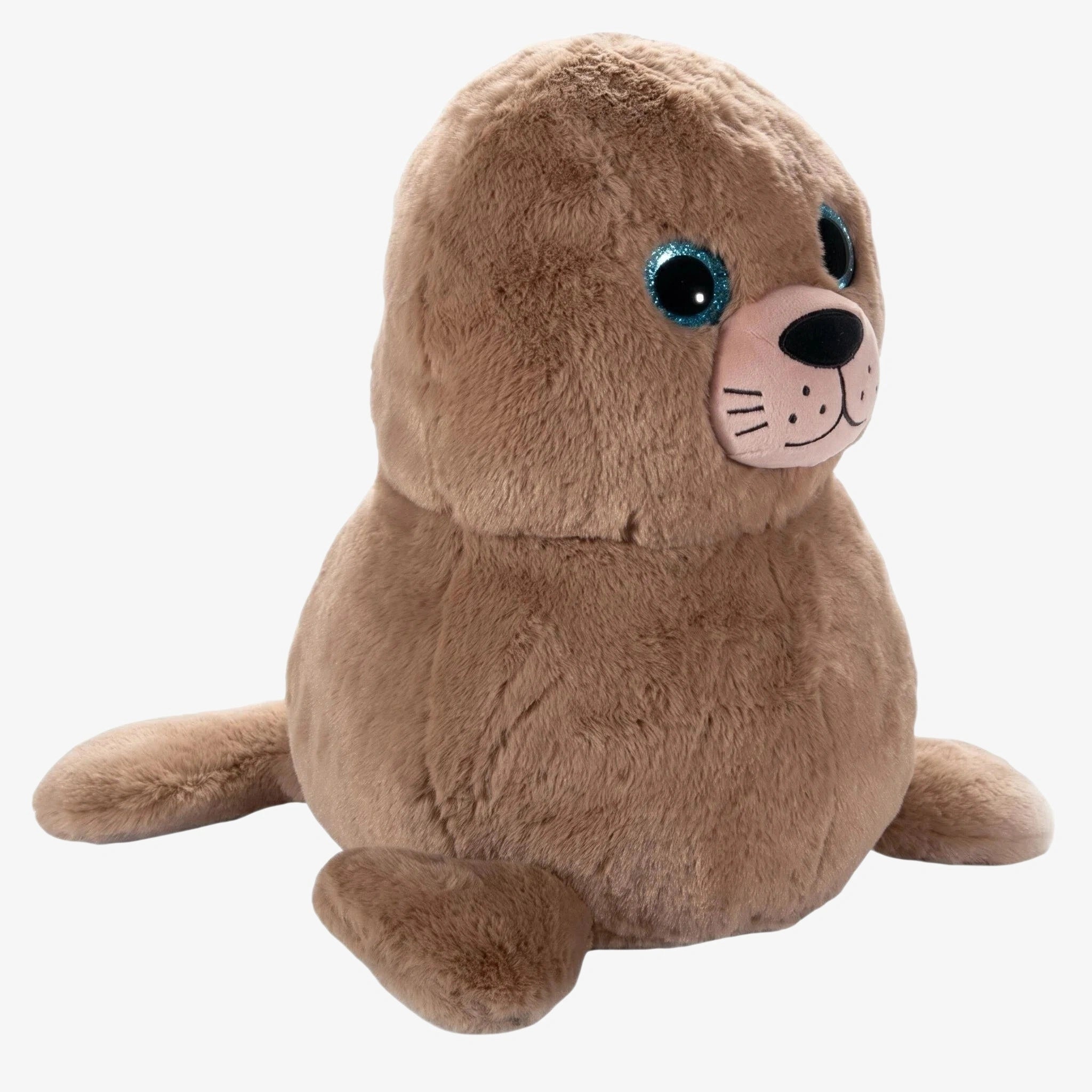 A ZoDoll Chonkers Sea Lion Plush – 15 Inch Steller Sea Lion, inspired by PIER 39 San Francisco, features brown fur, blue eyes, a round body, small flippers, and a stitched face. Displayed on a white background.
