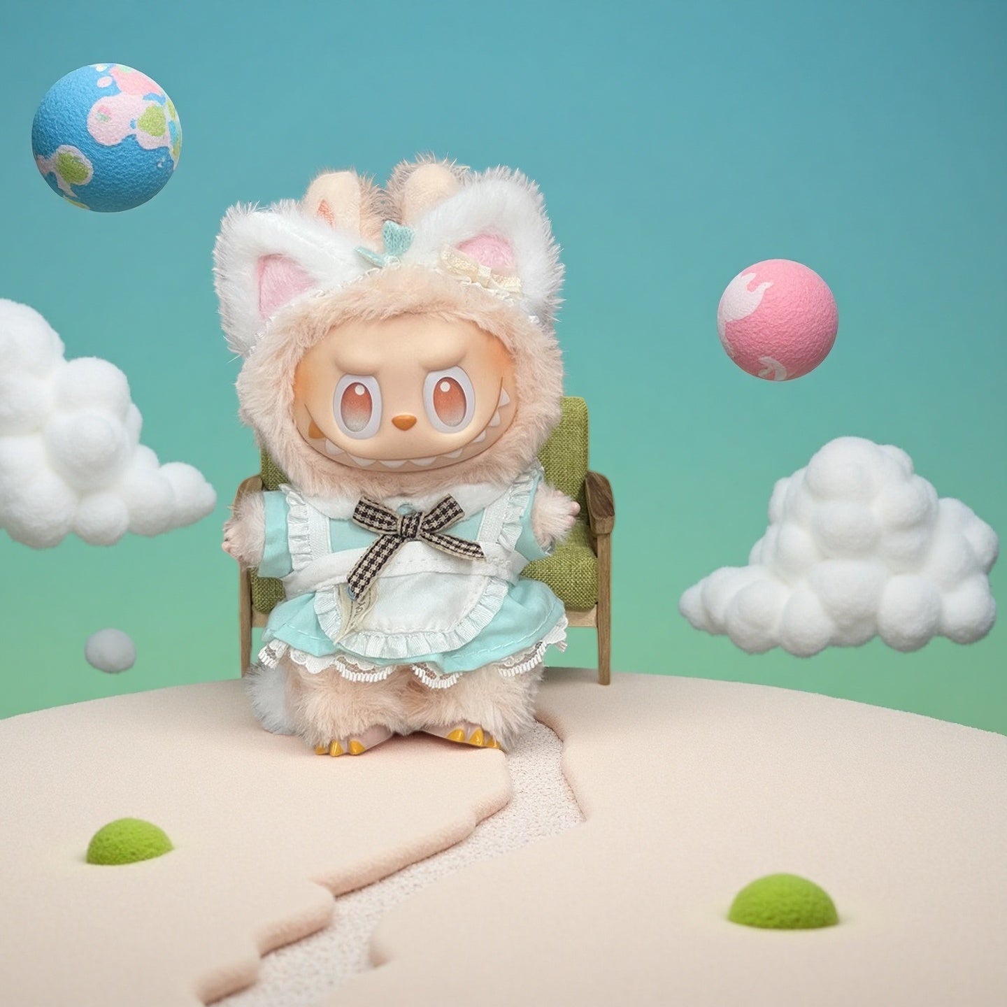 The ZoDoll Labubu Doll wears a mint green Lolita maid dress with lace frills and a gingham bow, standing on a cracked surface amid floating clouds and decorative balls against a blue-green backdrop.