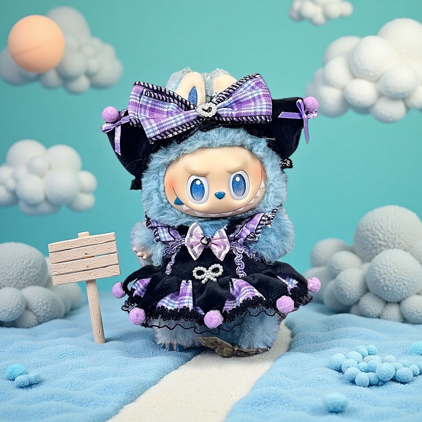 A ZoDoll Labubu plush wearing a Gothic Lolita purple plaid and black lace pom-pom dress stands on a blue landscape near a wooden sign, with stylized clouds and a peach sphere in the background.