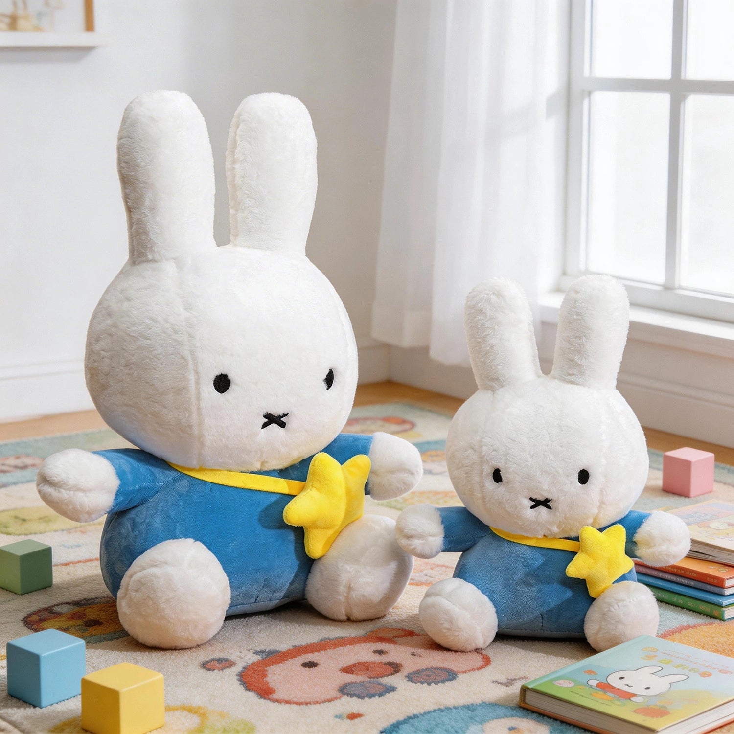 Two ZoDoll Miffy Plush Toy bunny dolls, available in 2 colors and sizes from 30cm to 80cm, are seated on a rug with pastel blocks and a children’s book in a sunlit room by the window.