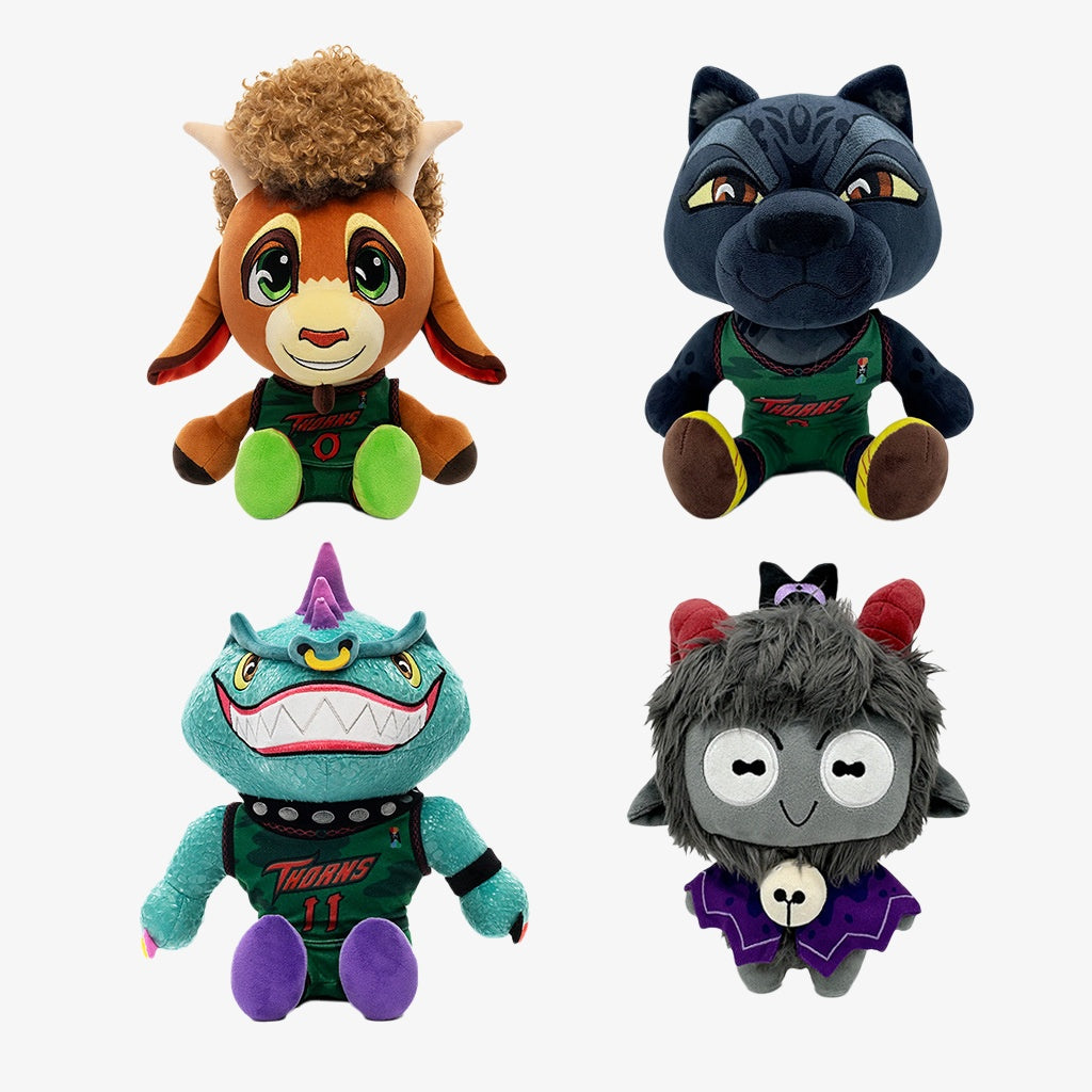 The ZoDoll GOAT Sony Thorns Plush Toy Collection features four 20cm x 24cm stuffed character dolls in a 2x2 grid, each dressed in green and black “Thorns” jerseys with the number “11.”.