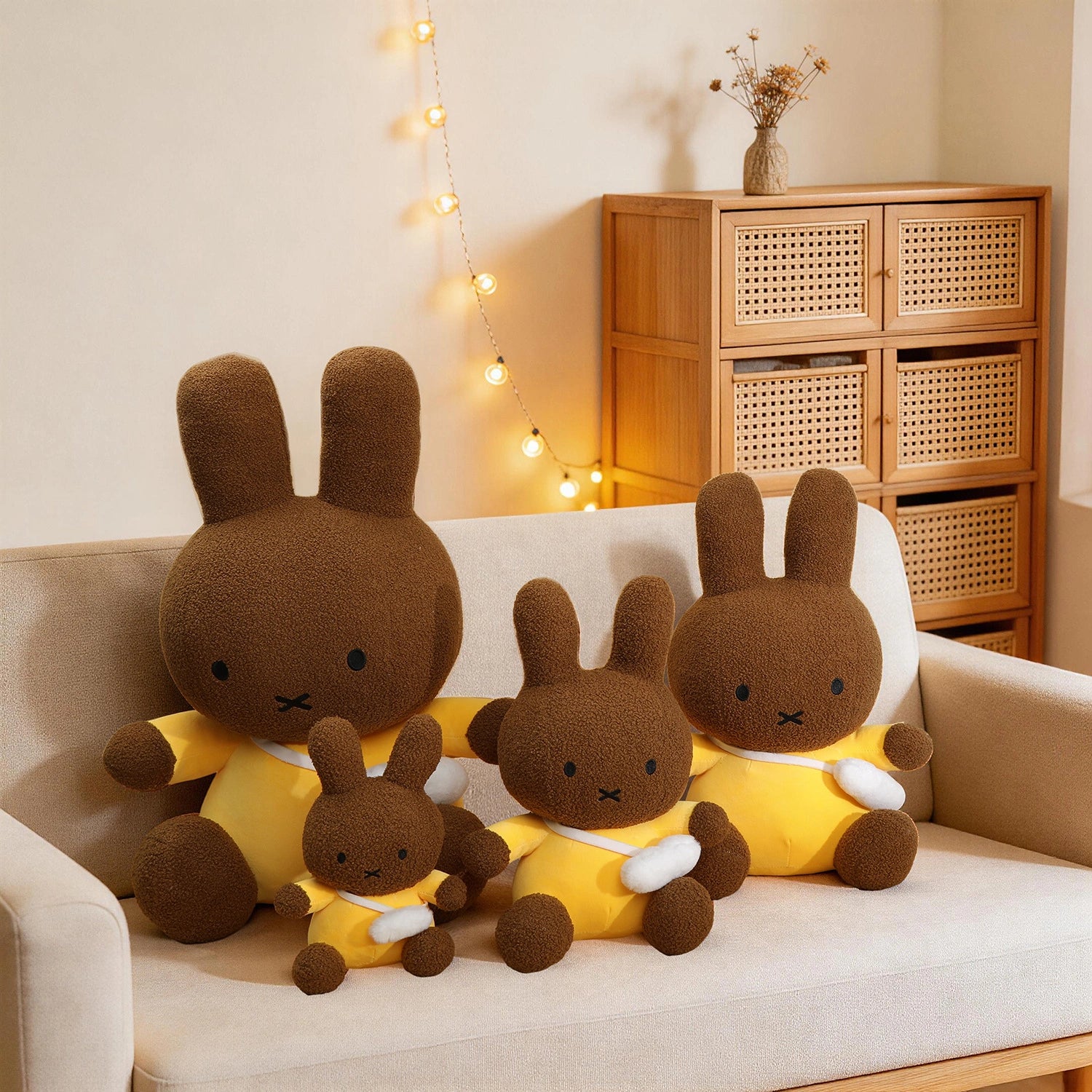 Four ZoDoll Miffy Plush Toy bunny dolls in brown with yellow outfits are displayed on a beige couch in a cozy living room featuring string lights and wooden furniture. Available in 2 colors, sizes 30cm to 80cm.