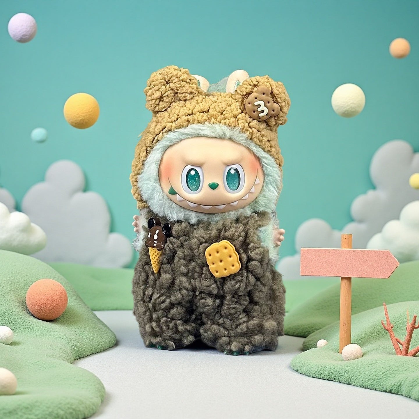 A ZoDoll Labubu Cookie Bear Fluffy Plush Onesie doll in a brown teddy hoodie stands on a pastel landscape with clouds, floating balls, and a blank pink sign.