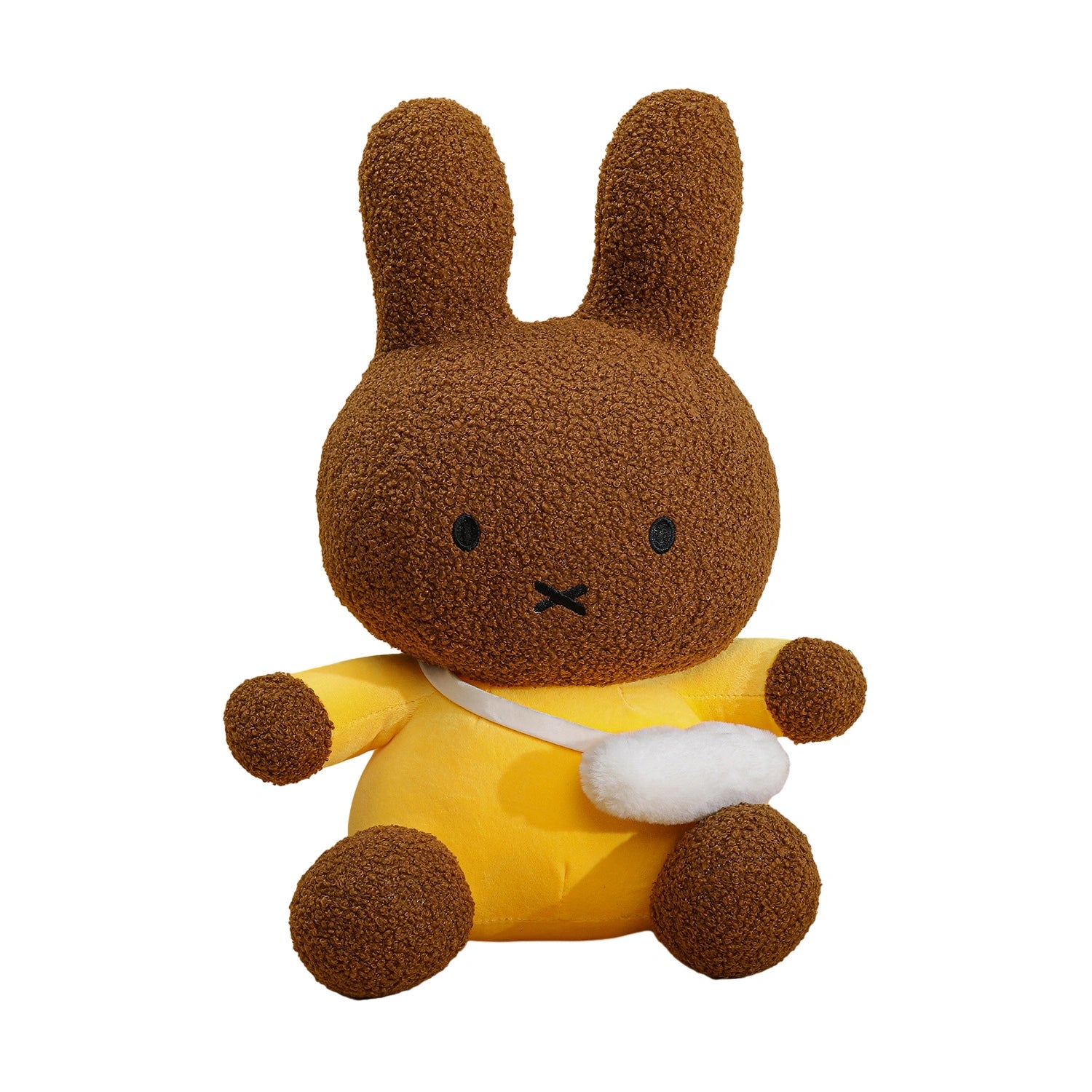 ZoDoll Miffy Plush Toy—Miffy Bunny Doll in brown, 30cm to 80cm, with long ears, a yellow outfit, and white bag, sits upright against a white background.