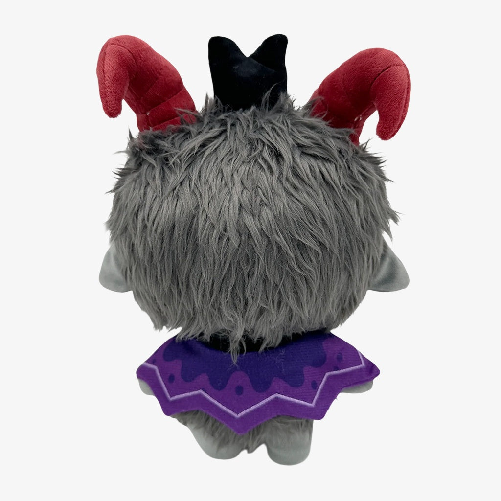 The ZoDoll GOAT Sony Thorns Plush Toy Collection features a 20cm x 24cm gray plush with red horns, gray ears, and a purple skirt—ideal for kawaii plush fans and collectors. Shown from the back on a white background.