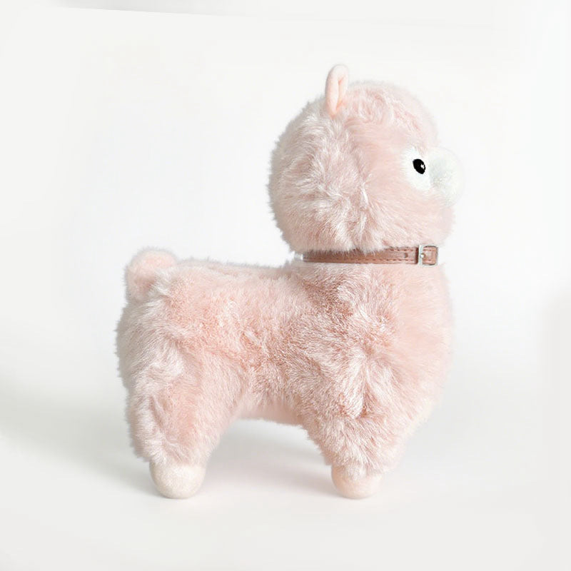 The ZoDoll Cute Alpaca Plush Doll is a soft pink alpaca plush toy with a brown collar, shown standing on a white background.