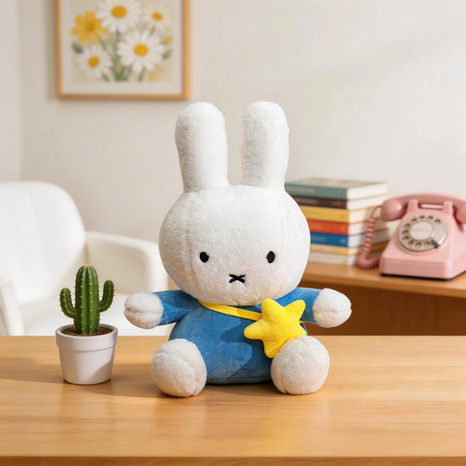 A ZoDoll Miffy Plush Toy—Miffy Bunny Plush Doll in a blue outfit (30cm to 80cm)—holds a yellow star on a wooden desk next to a small cactus.