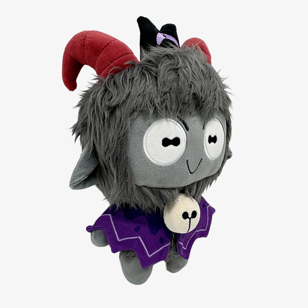 The ZoDoll GOAT Sony Thorns Plush Toy Collection features a 20cm x 24cm gray plush with red horns, big eyes, a purple outfit, and bell—perfect for kawaii collectors. Set against a white background.