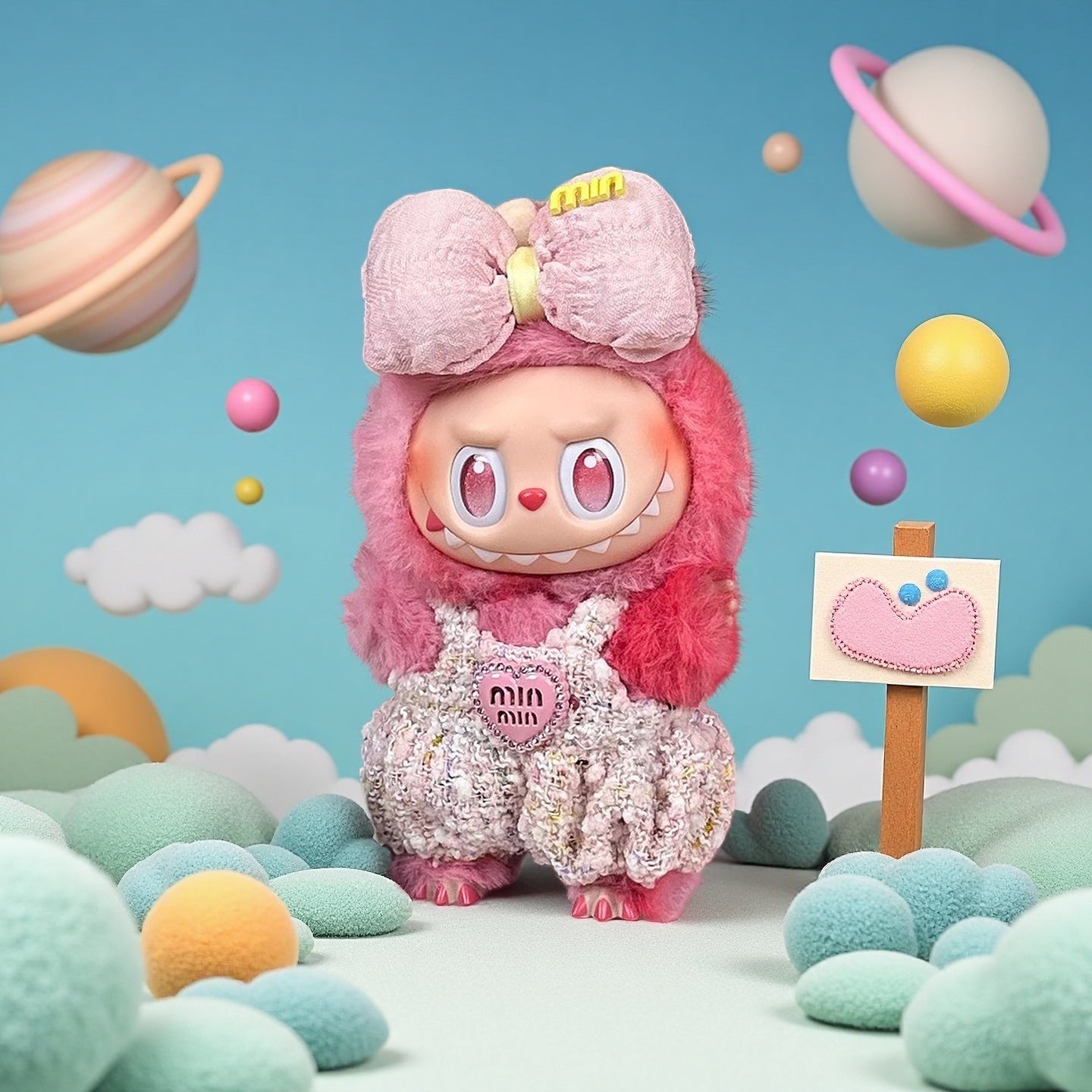 The ZoDoll Labubu Pink Plush Hoodie & Tweed Overalls Doll Outfit Set features a kawaii plush doll with a pink bow, set in a pastel landscape with cartoon planets—a must-have accessory for Pop Mart collectors.