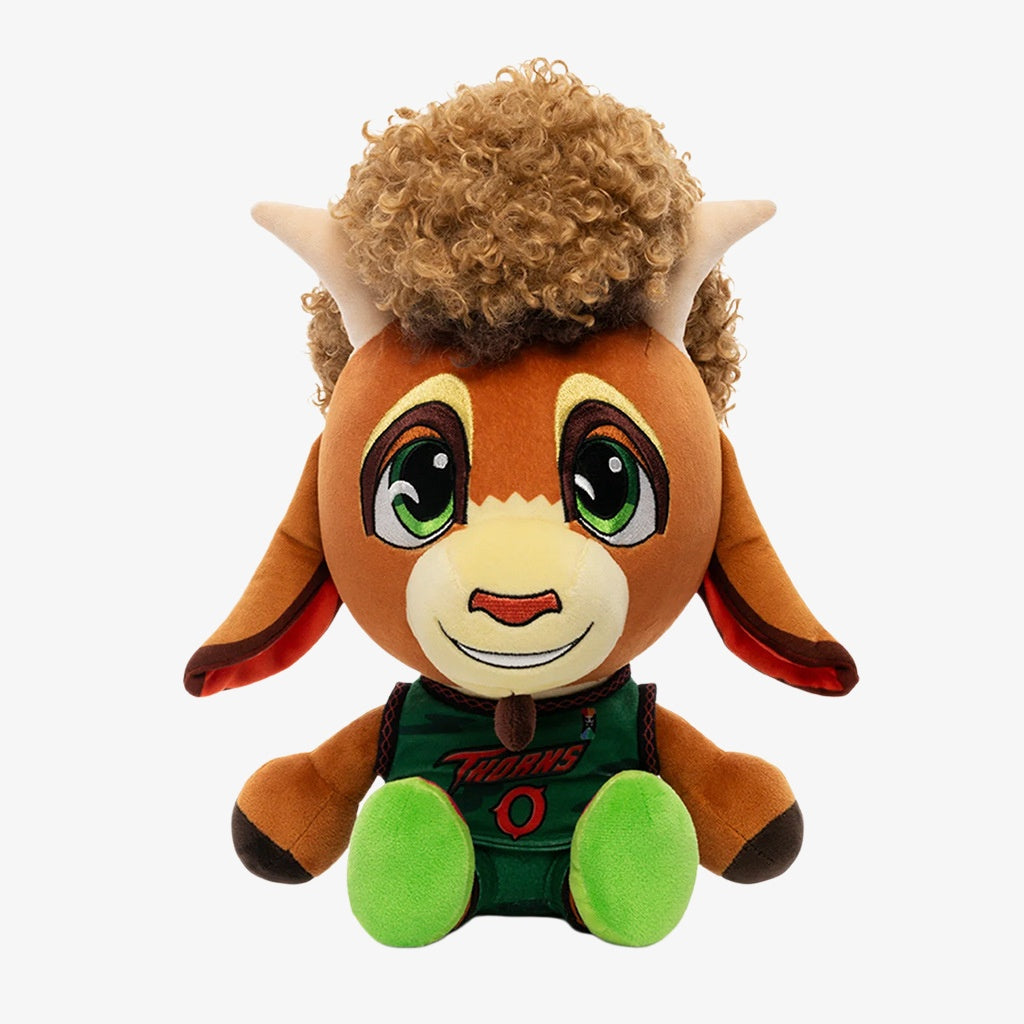 The ZoDoll GOAT Sony Thorns Plush Toy Collection (20cm x 24cm) features a brown goat in a green jersey with Thorns and an O, big eyes, green feet, and curly hair—perfect for fans of collectible stuffed animals.