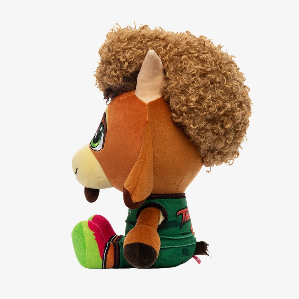 Side view of the ZoDoll GOAT Sony Thorns Plush Toy (20cm x 24cm) featuring curly brown hair, a green jersey, and colorful shoes—an adorable collectible from the Soft Stuffed Character Doll collection.