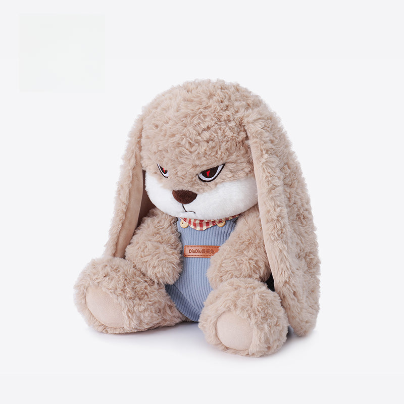 The ZEIO Bunny Plush Toy 33cm features soft faux fur, long ears, expressive eyes, and blue overalls. Sitting upright with a cute angry look, it's the perfect unique nursery decor against a plain white background.