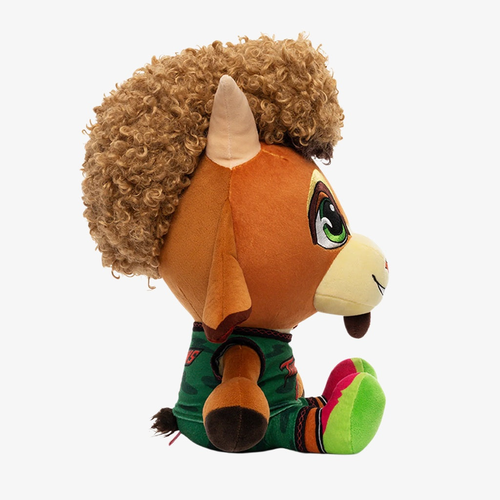 The ZoDoll GOAT Sony Thorns Plush Toy Collection features a soft, 20cm x 24cm character doll with brown fur, a curly mane, green eyes, and colorful clothes—perfect for kawaii plush fans. Shown in profile view facing right.