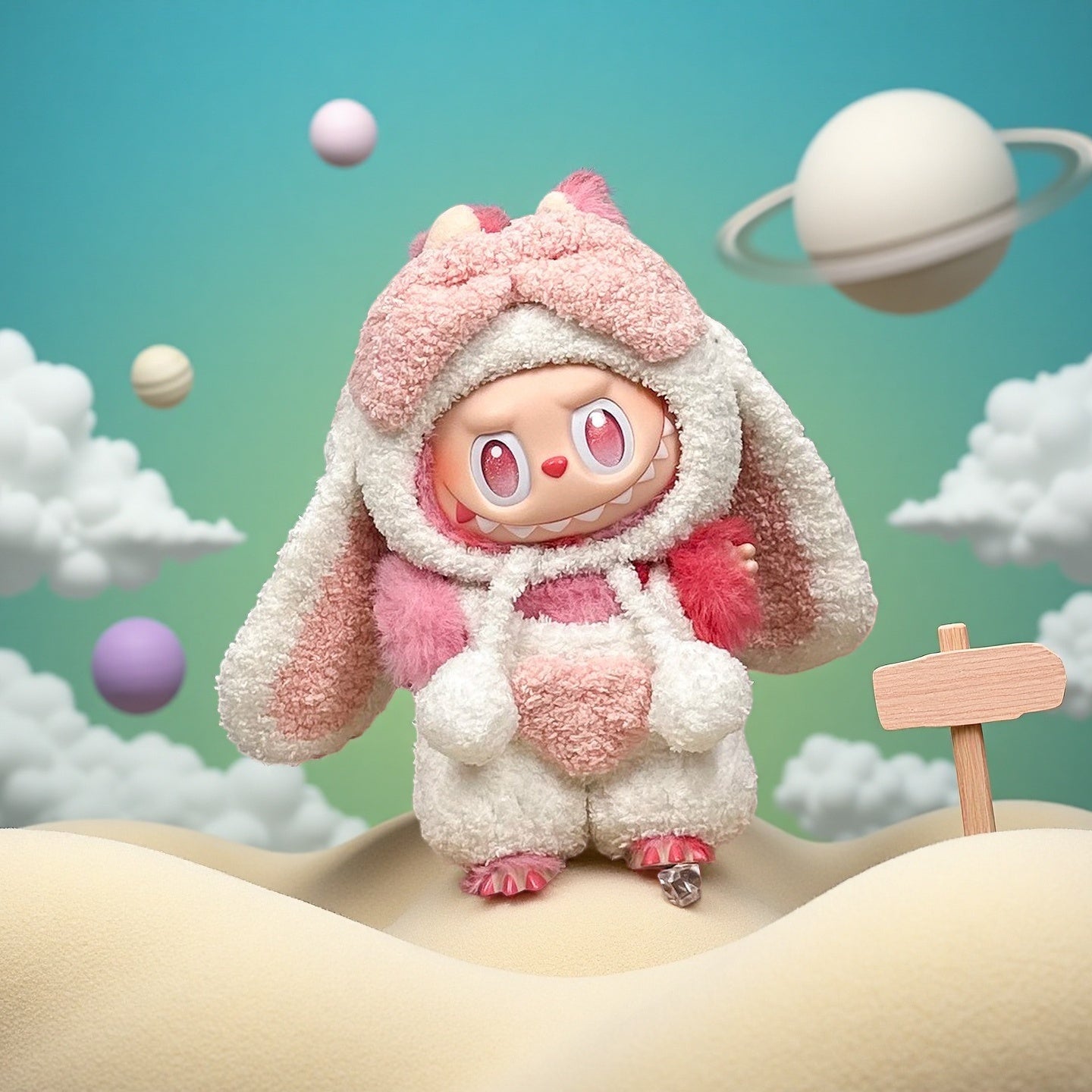 A ZoDoll Labubu Pink White Fluffy Bunny Onesie Plush Doll Costume stands on sand, with cartoon clouds, planets, and a blank wooden sign in the background.