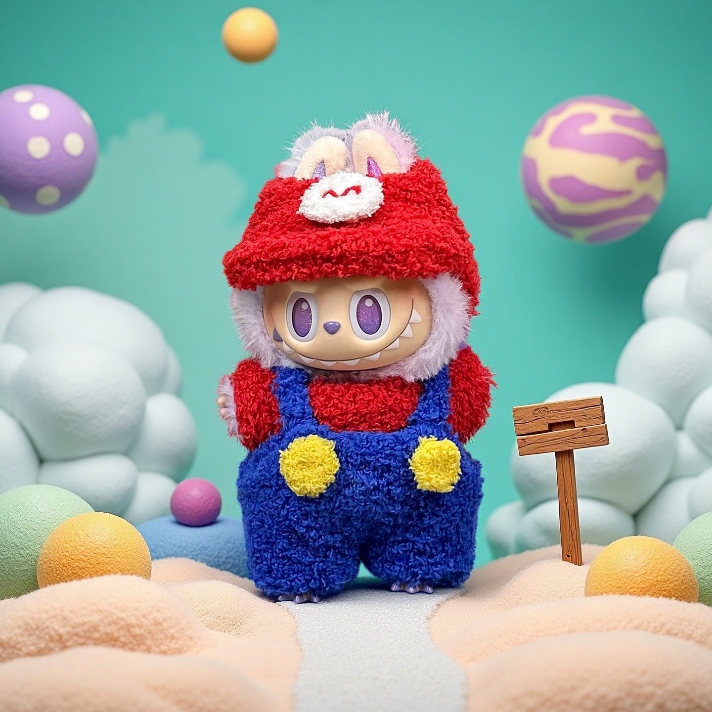 A ZoDoll Labubu Fluffy Plumber Costume Set plush, featuring a red cap and blue overalls, stands on a pastel landscape with round shapes and a wooden sign.