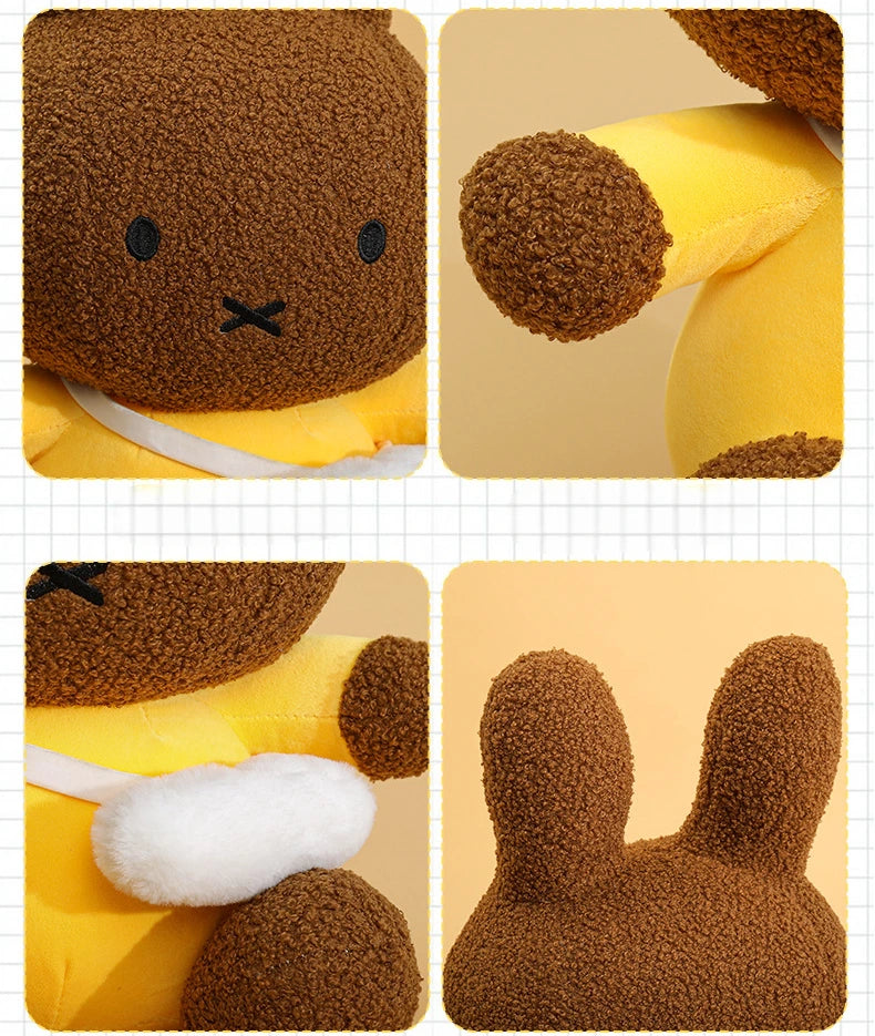 Four close-up shots of the ZoDoll Miffy Plush Toy—a brown Miffy Bunny Plush Doll (30cm–80cm)—in a yellow outfit, highlighting its face, arm, ear, and a white patch on its side. Available in 2 colors.