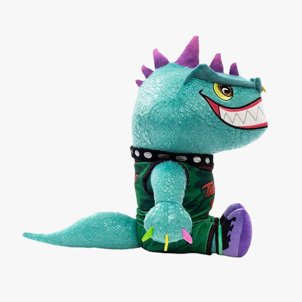 Side view of ZoDoll’s GOAT Sony Thorns Plush Toy (20cm x 24cm)—a turquoise, soft stuffed character doll with purple spikes, sharp teeth, and a studded collar—ideal for kawaii plush fans or GOAT Sony Thorns collectors.