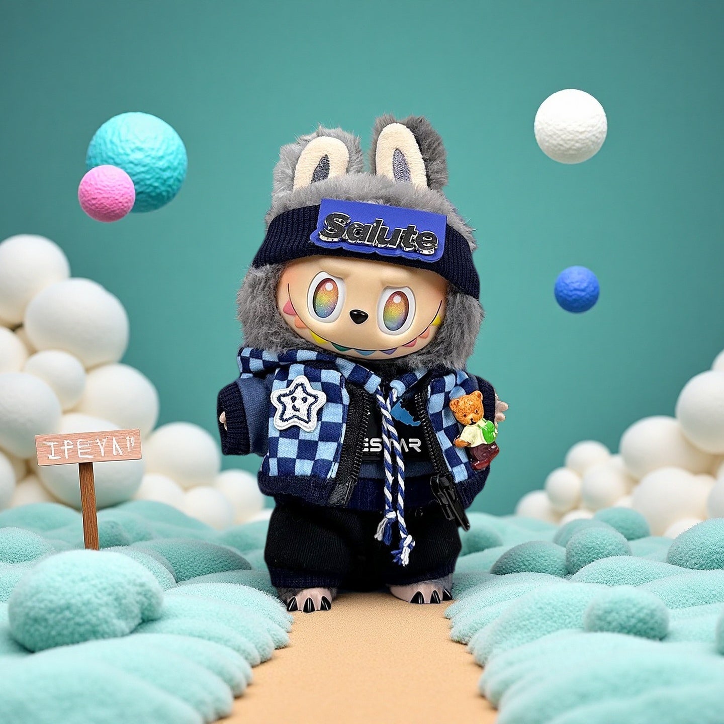 The ZoDoll Labubu Doll Navy Streetwear Set features a plush doll in a wolf costume with a salute beanie and checkerboard scarf, standing on a fluffy pastel landscape with a small sign on the left.