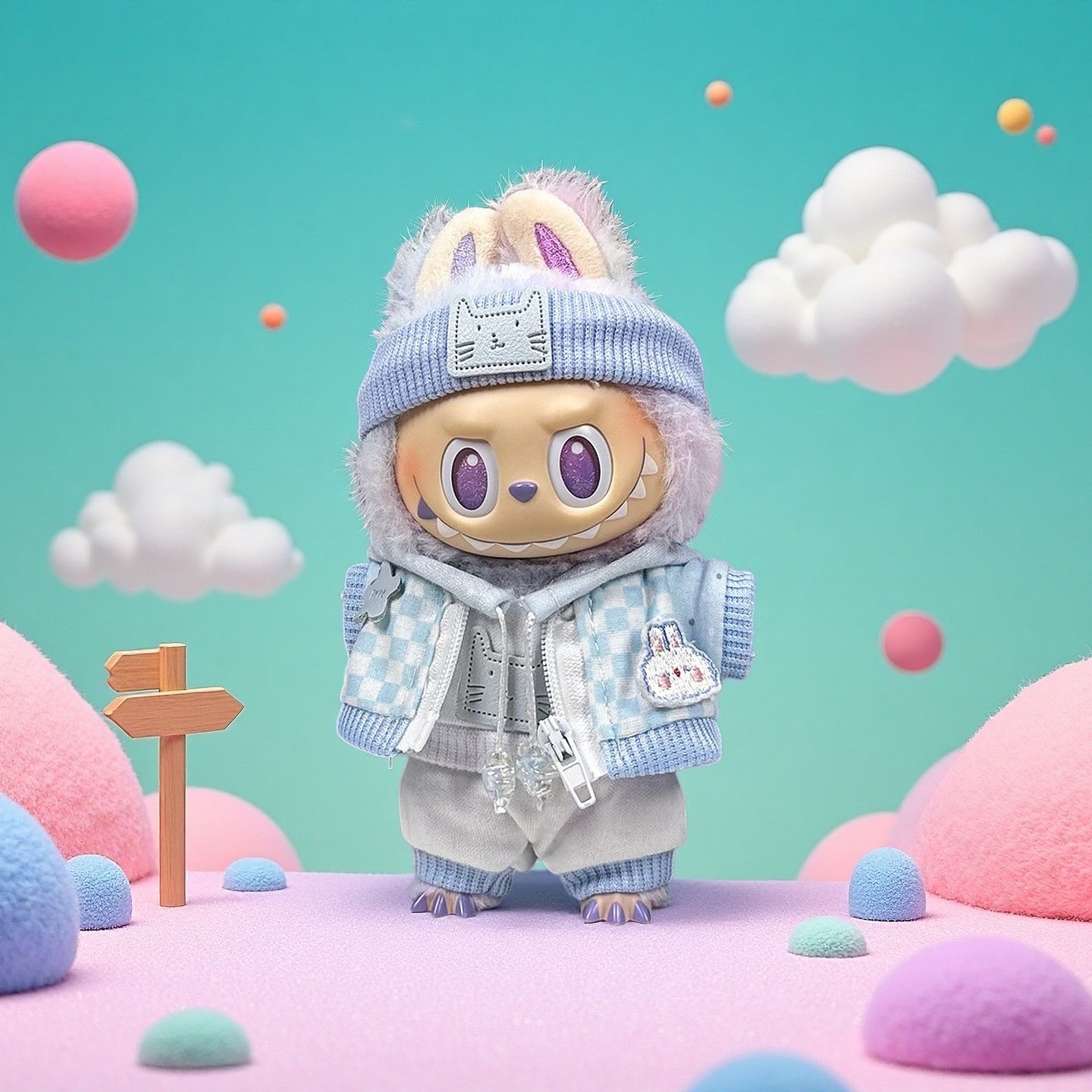 A ZoDoll Labubu figure wears the Blue Checkered Jacket and Knit Beanie Doll Outfit Set, standing on a soft, colorful landscape with fluffy clouds and round shapes under a bright sky.