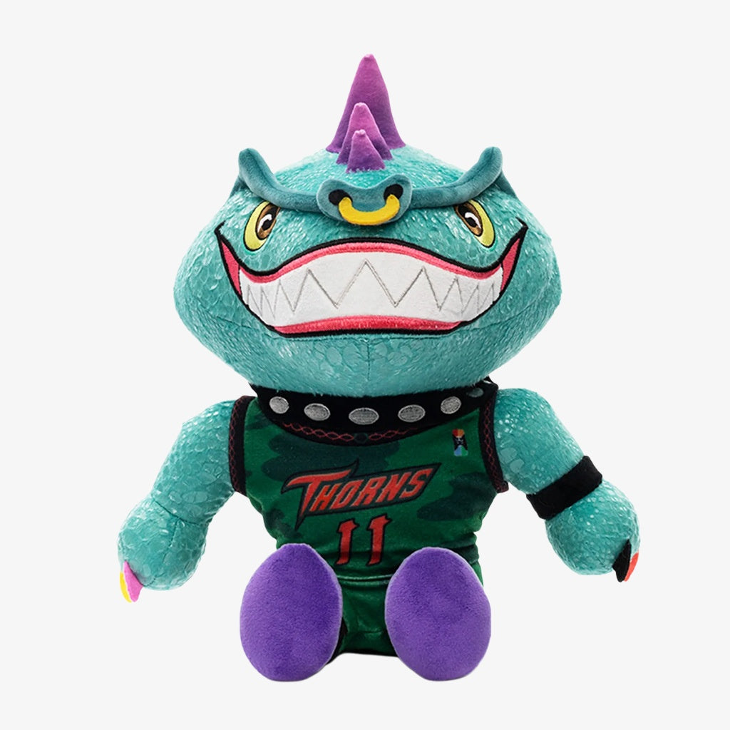 The ZoDoll GOAT Sony Thorns Plush Toy Collection features a 20x24cm soft stuffed green monster with a purple horn and a black “THORNS 11” jersey—ideal for collectible plush lovers!.