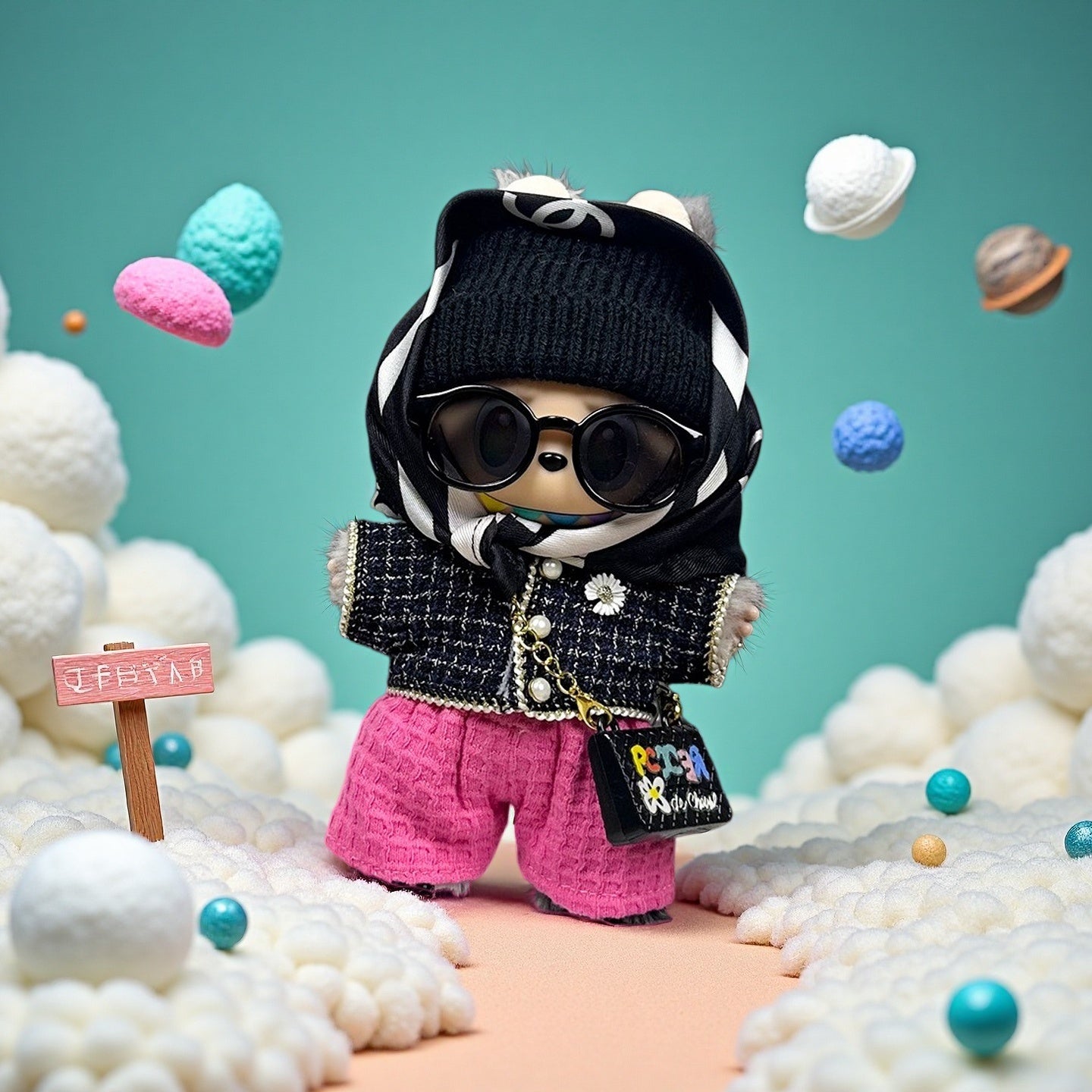 A ZoDoll plush wears the Labubu Designer Tweed Jacket and Hot Pink Pants Luxury Doll Outfit Set—boucle tweed blazer, black hat, sunglasses, scarf, pink pants, and purse—posing among clouds and floating colorful spheres under a blue sky.