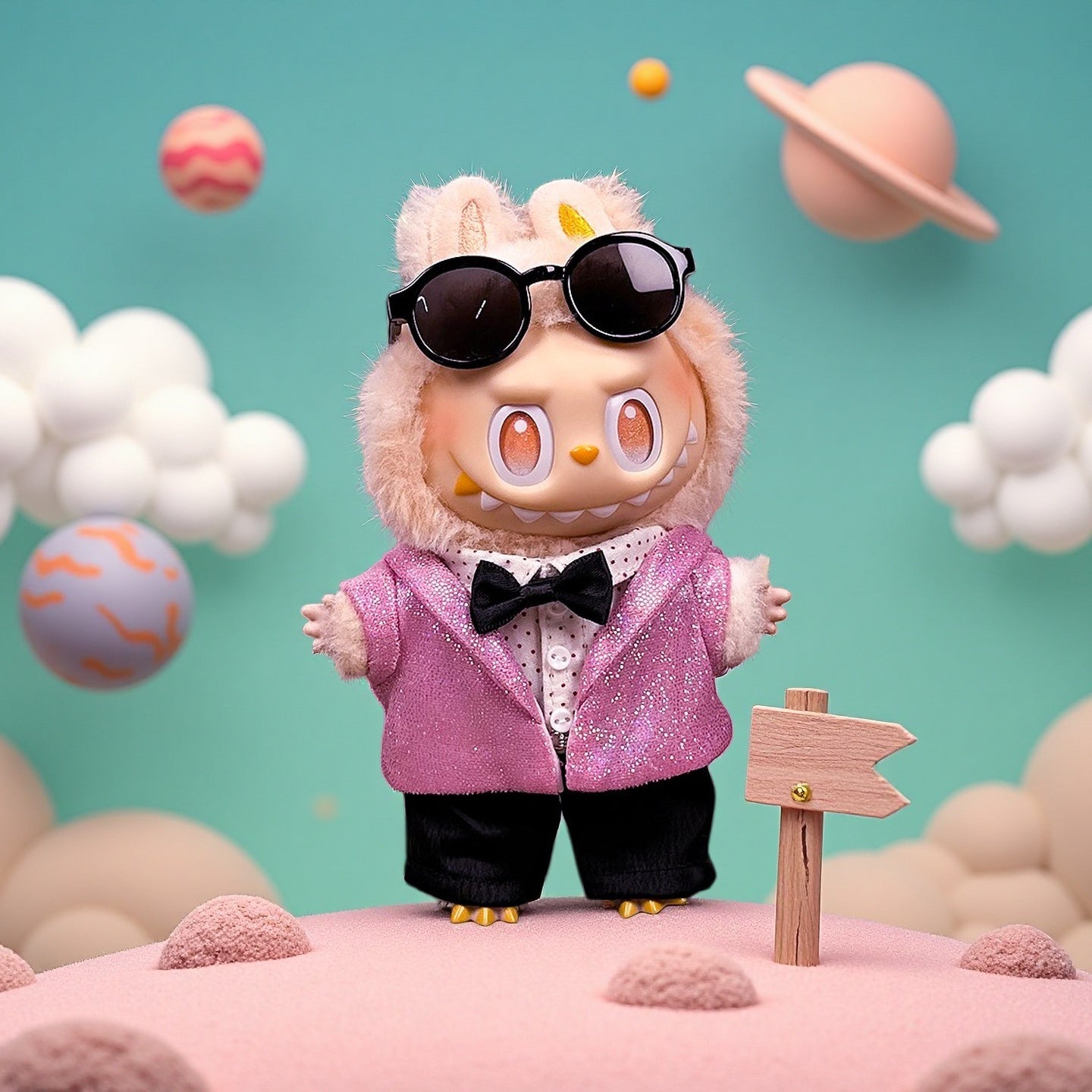 The ZoDoll Labubu Doll wears a pink sequin blazer tuxedo with a black bow tie, animal ears, and sunglasses, posed on a pastel landscape with clouds, planets, and a small wooden sign.
