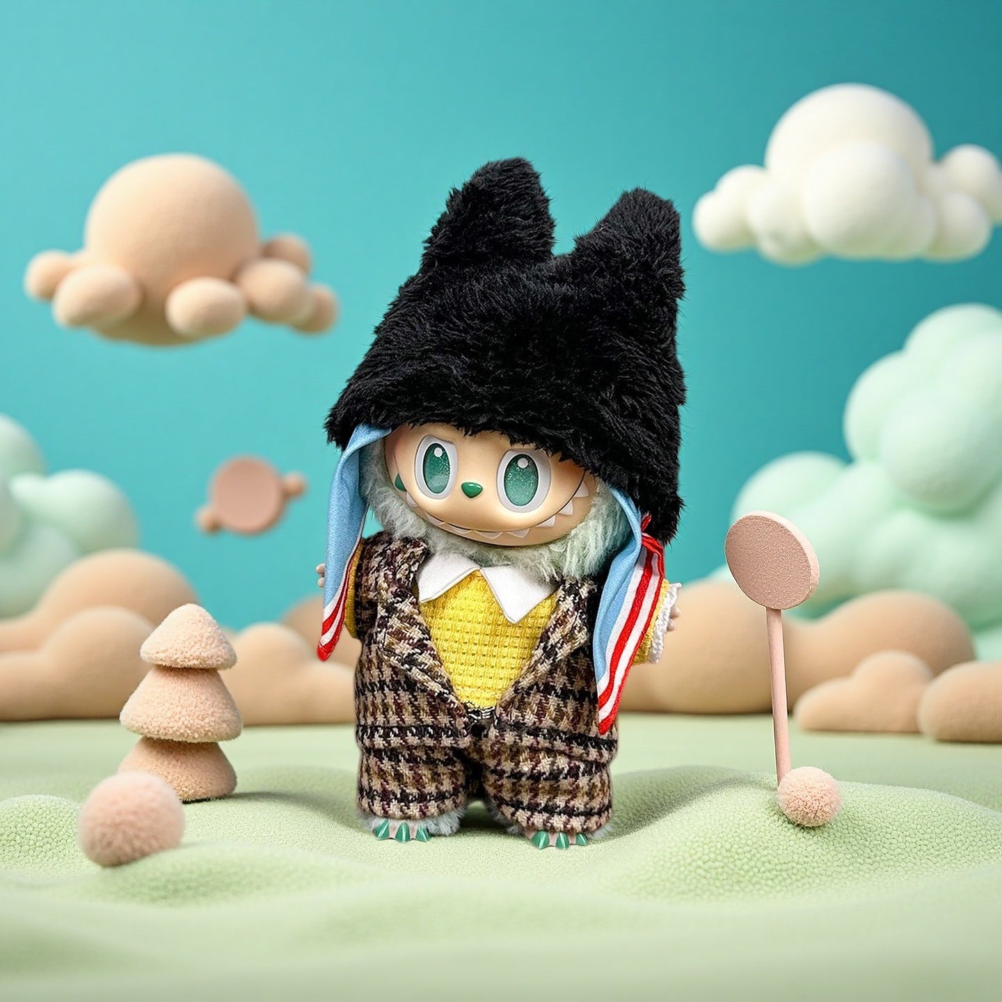 The ZoDoll Labubu Doll in a brown tweed plaid suit set with a black fluffy bear hat stands on a pastel landscape with stylized clouds, trees, and soft shapes.