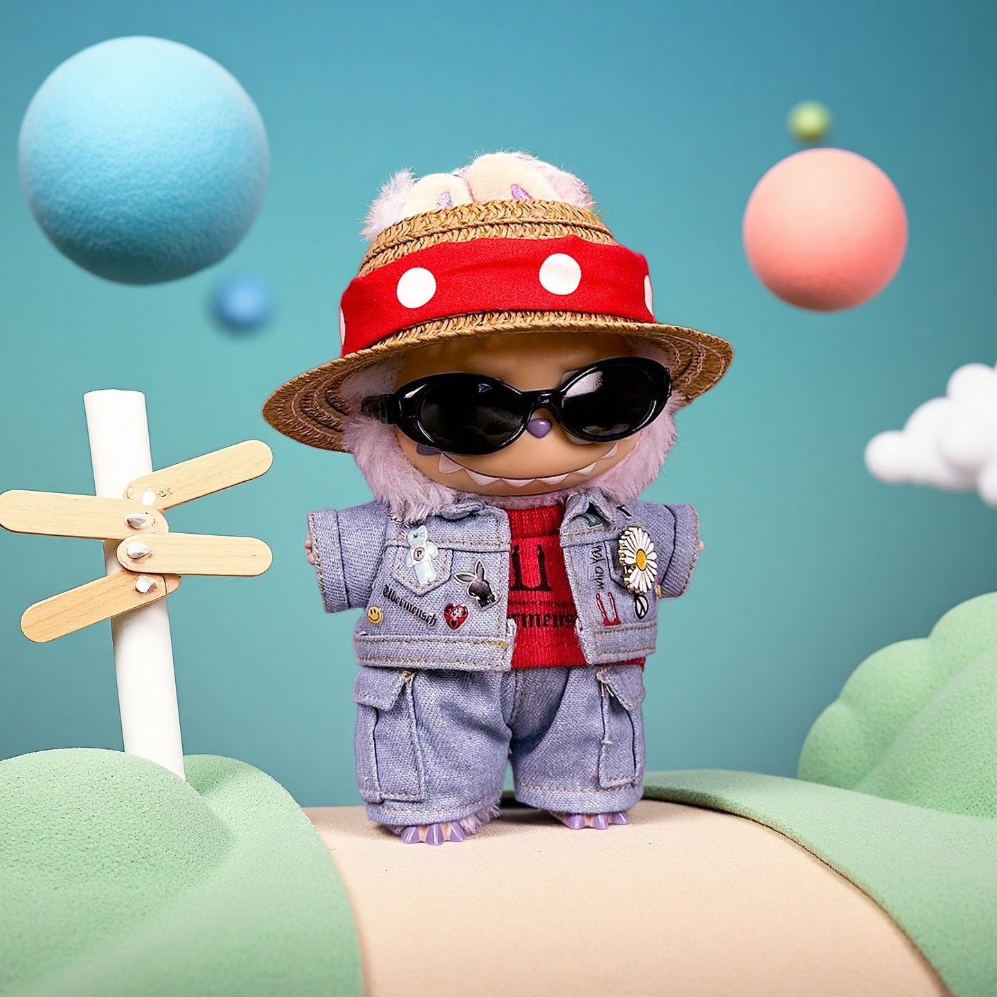 ZoDoll's Labubu Cool Street Denim Jacket Outfit Set, paired with a straw hat and sunglasses, poses on a vibrant path with colorful spheres and clouds, capturing the essence of true streetwear style.